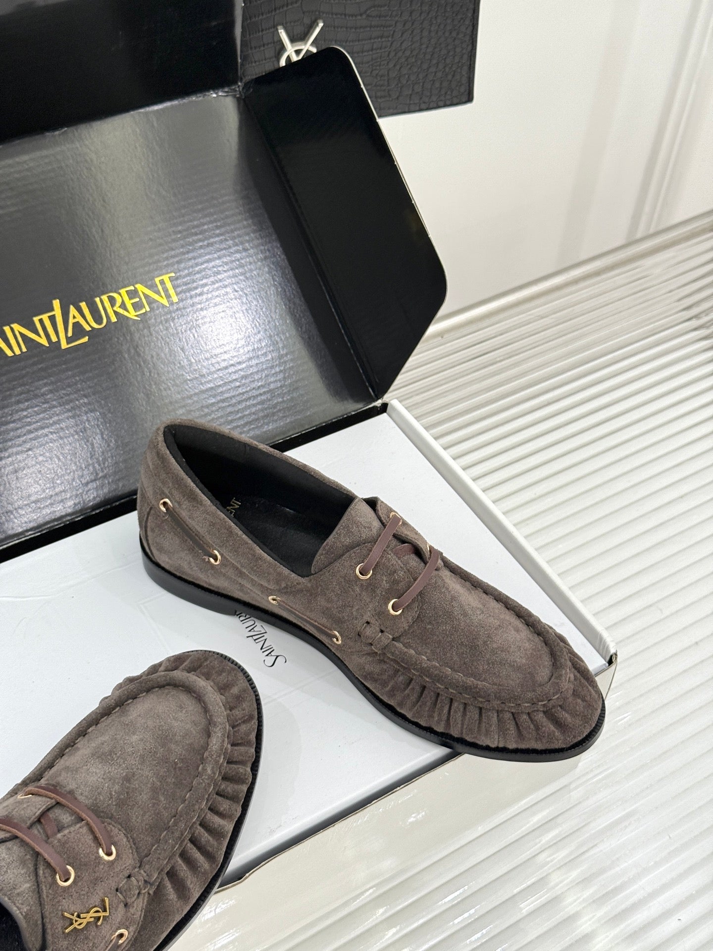 YSL 26s Le Bateau Loafer Taupe Suede 992289