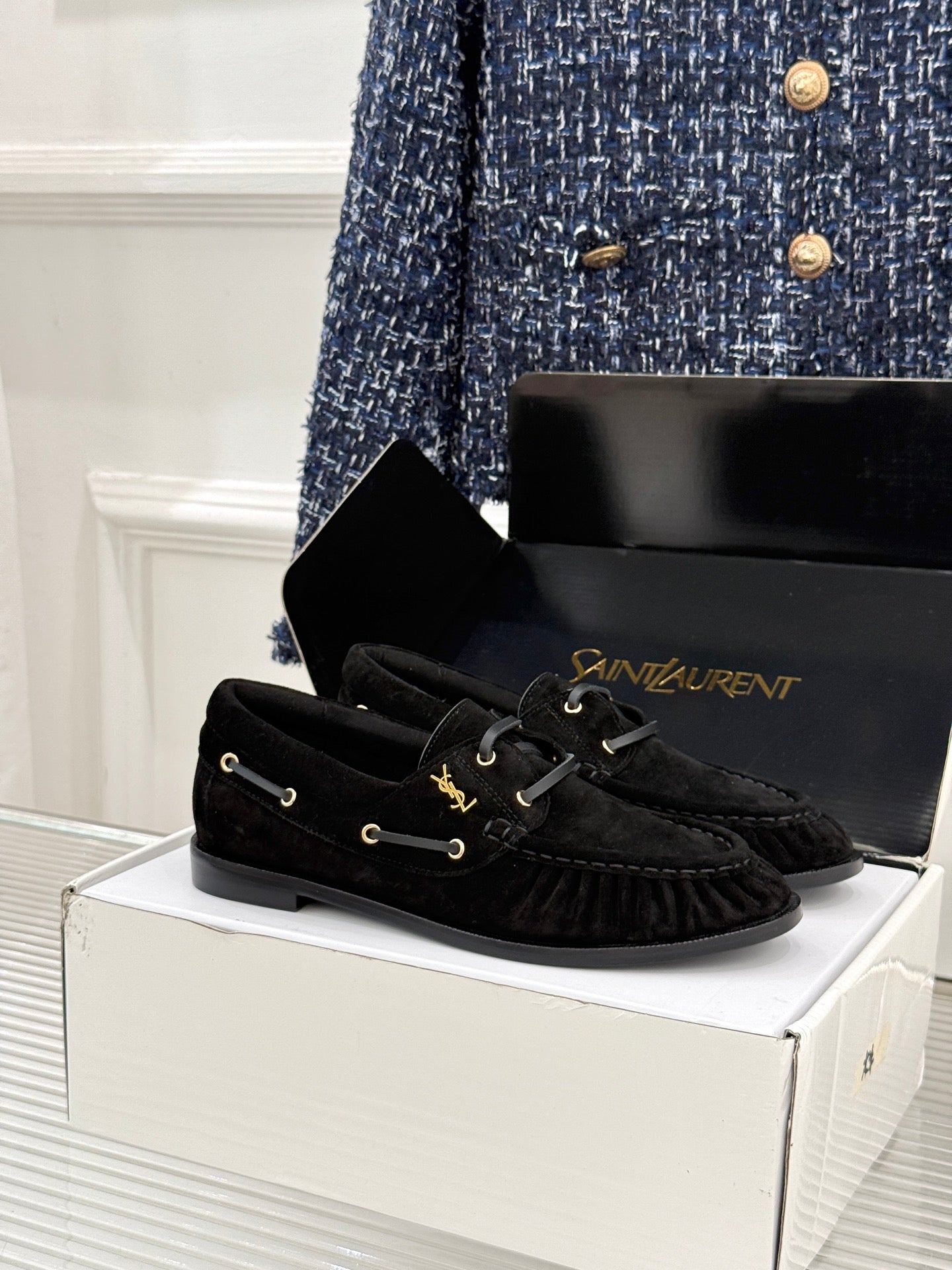 YSL 26s Le Bateau Loafer Black Suede 992290