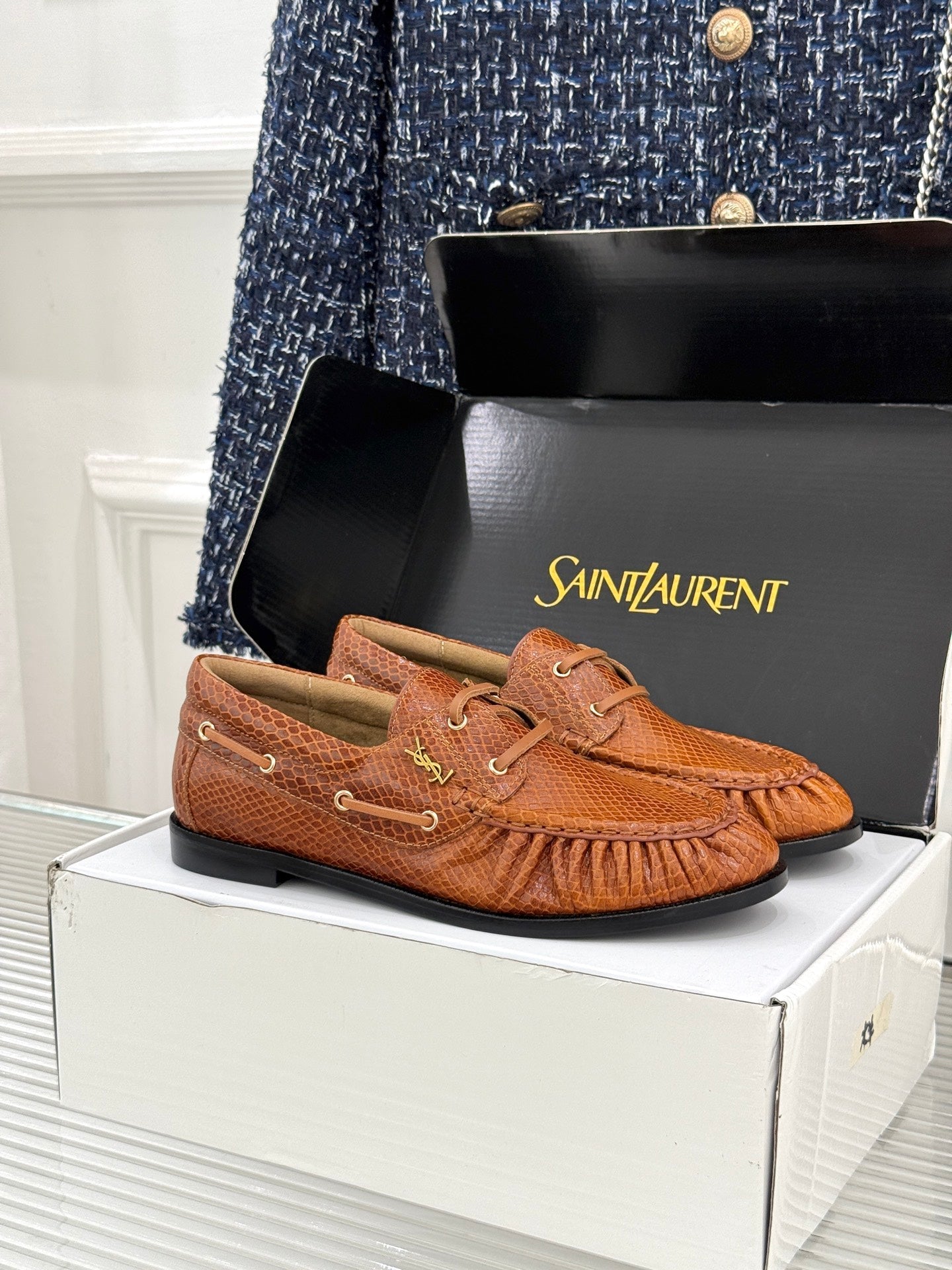 YSL 26s Le Bateau Loafer Brown Lizard-embossed Leather 992291