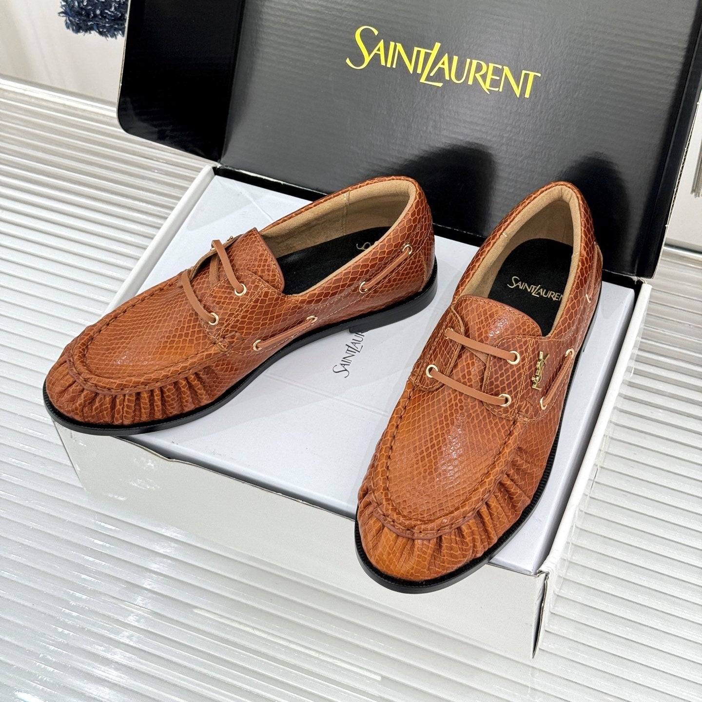 YSL 26s Le Bateau Loafer Brown Lizard-embossed Leather 992291