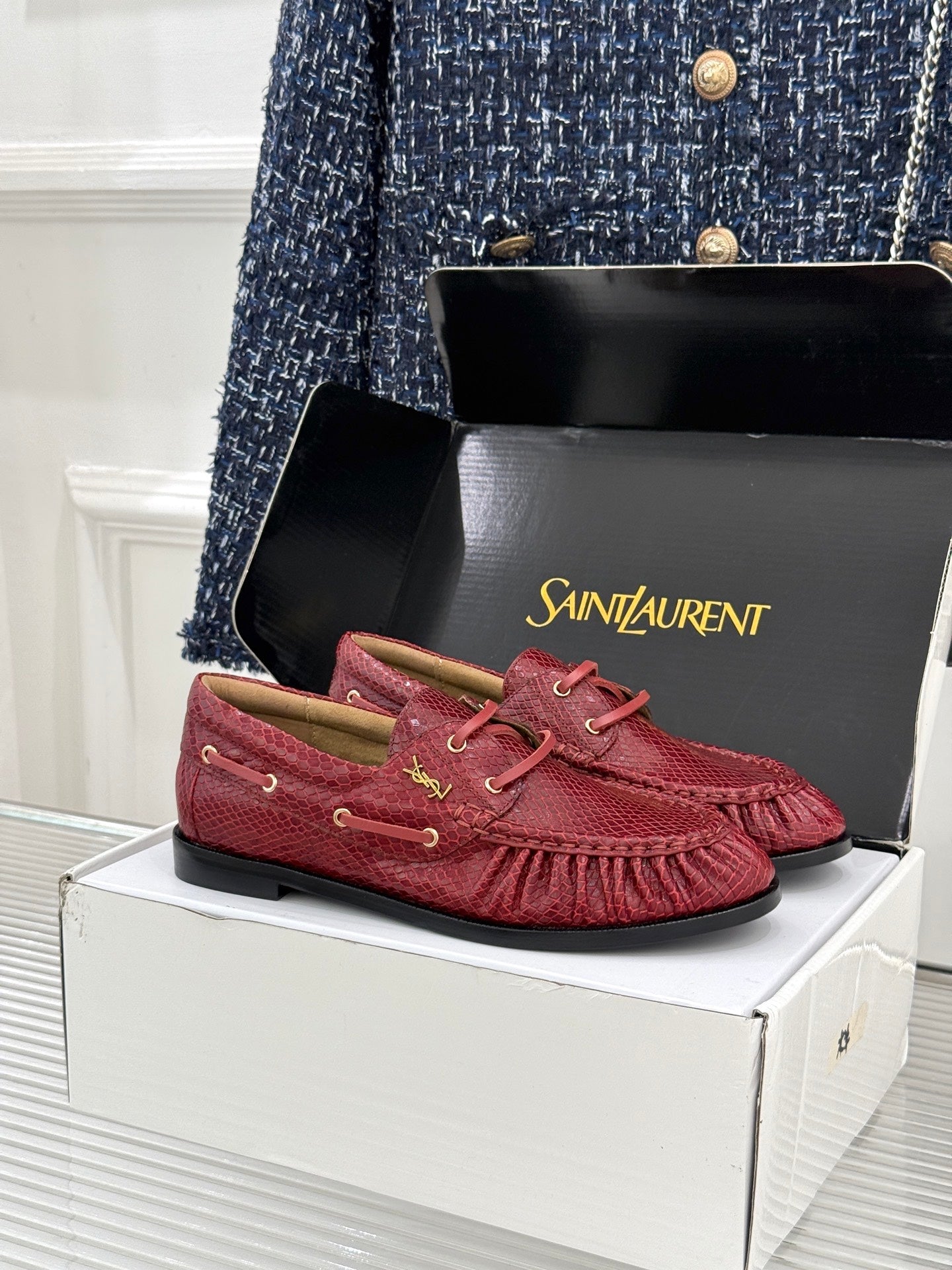 YSL 26s Le Bateau Loafer Burgundy Lizard-embossed Leather 992292