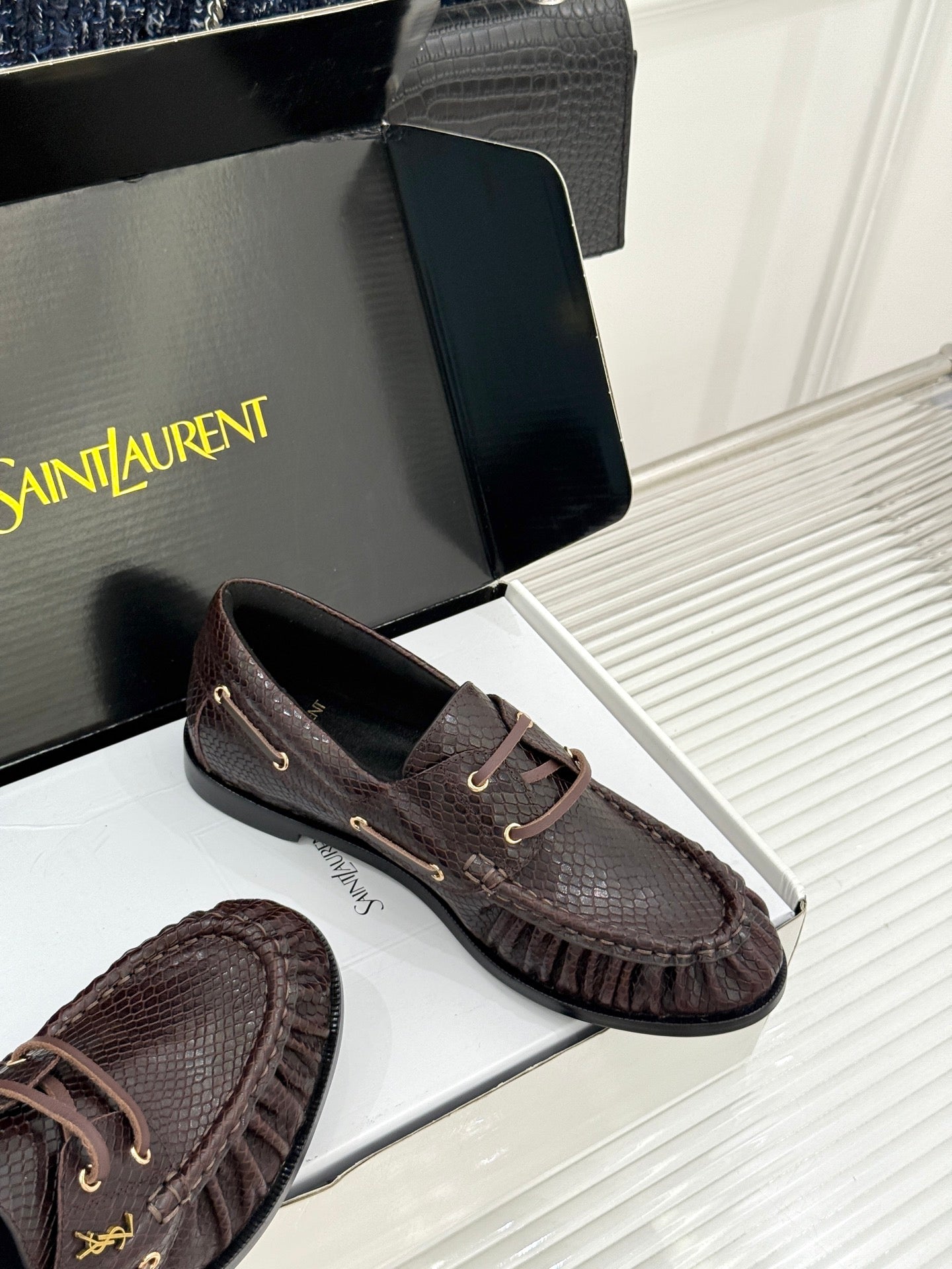 YSL 26s Le Bateau Loafer Coffee Lizard-embossed Leather 992293
