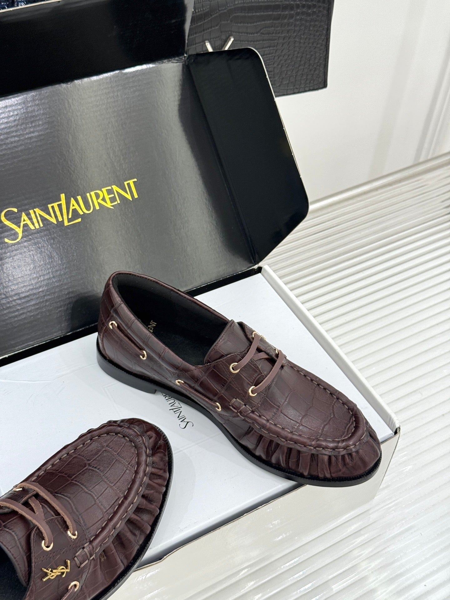 YSL 26s Le Bateau Loafer Coffee Croc-embossed Leather 992298