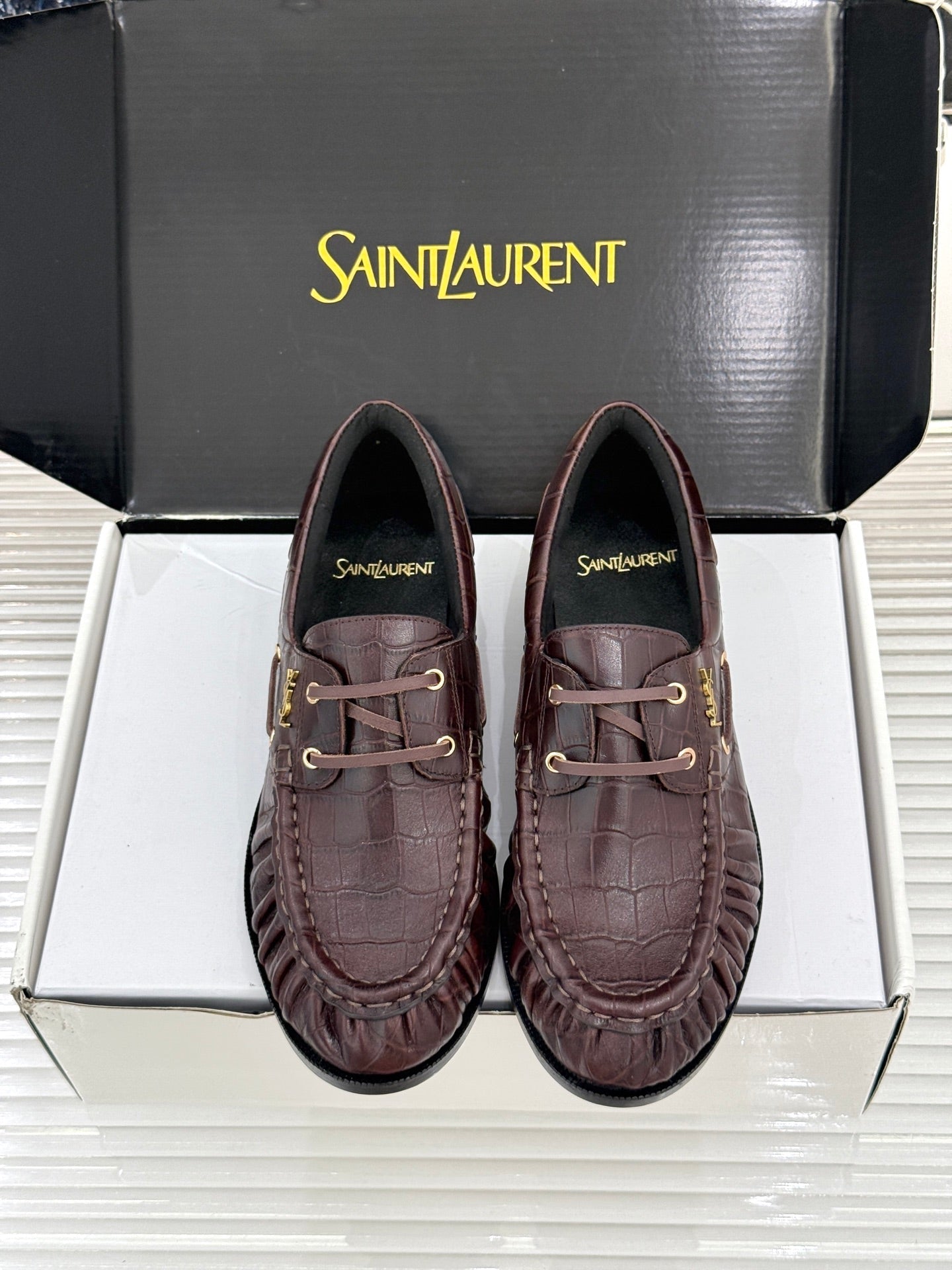 YSL 26s Le Bateau Loafer Coffee Croc-embossed Leather 992298