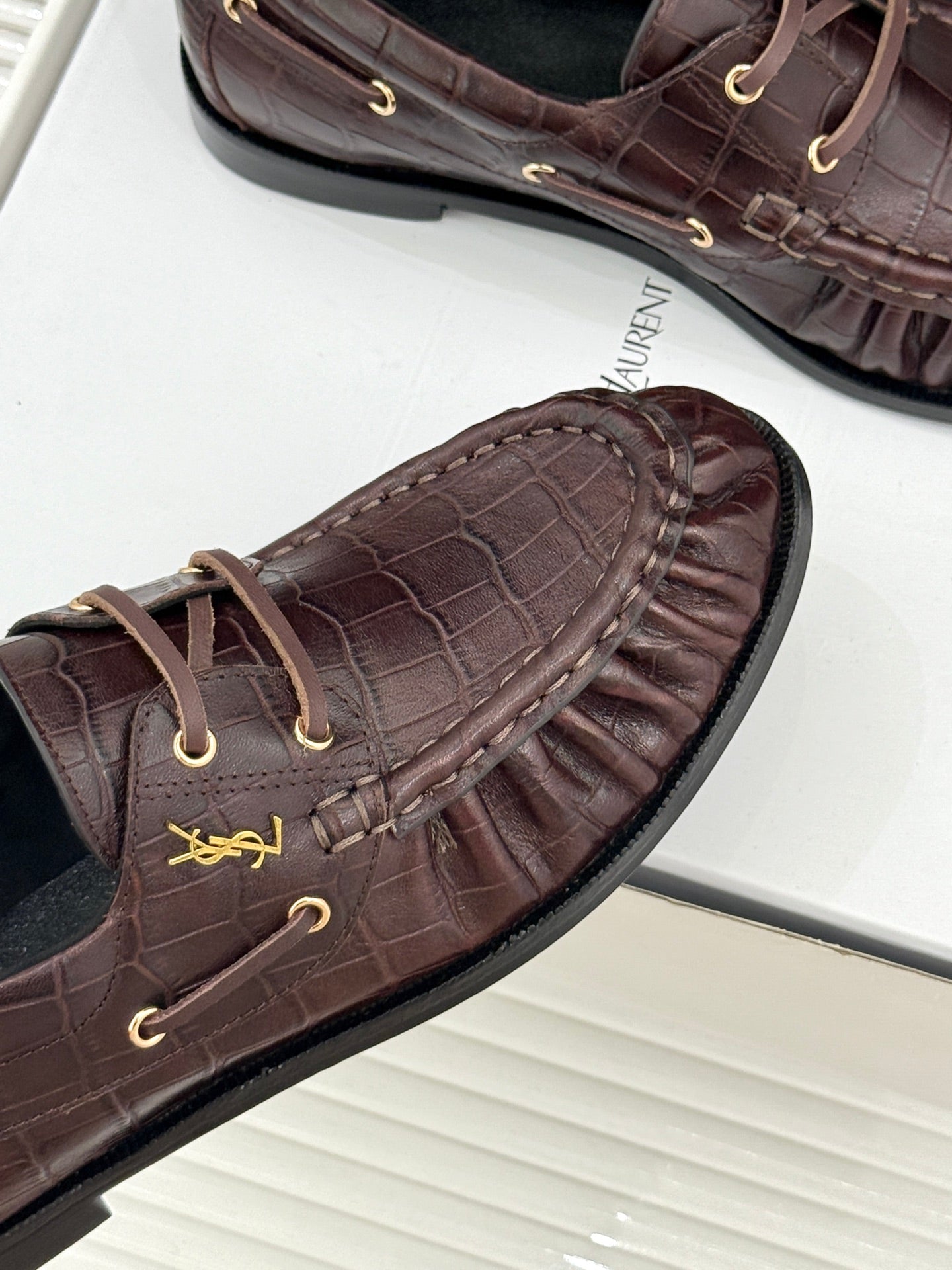 YSL 26s Le Bateau Loafer Coffee Croc-embossed Leather 992298