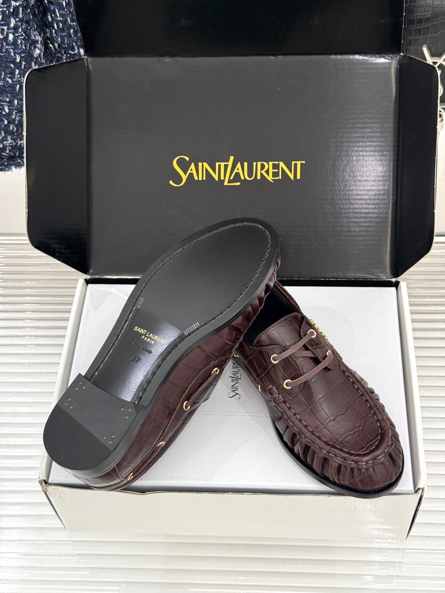 YSL 26s Le Bateau Loafer Coffee Croc-embossed Leather 992298