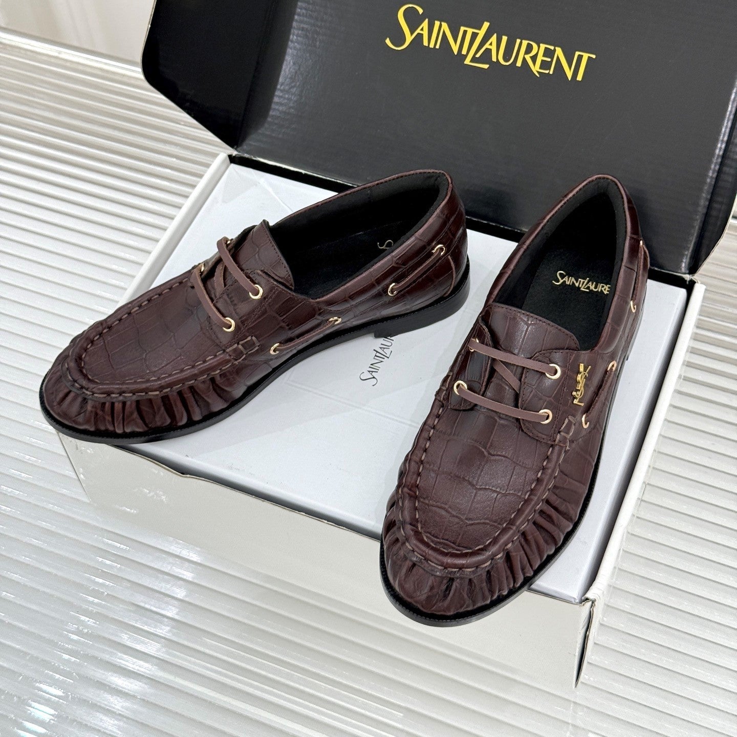 YSL 26s Le Bateau Loafer Coffee Croc-embossed Leather 992298