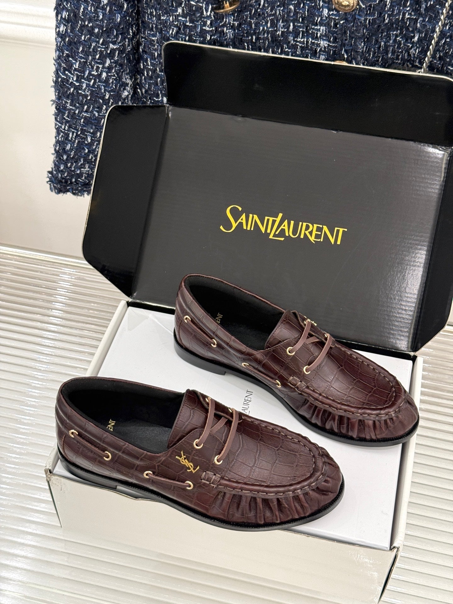YSL 26s Le Bateau Loafer Coffee Croc-embossed Leather 992298