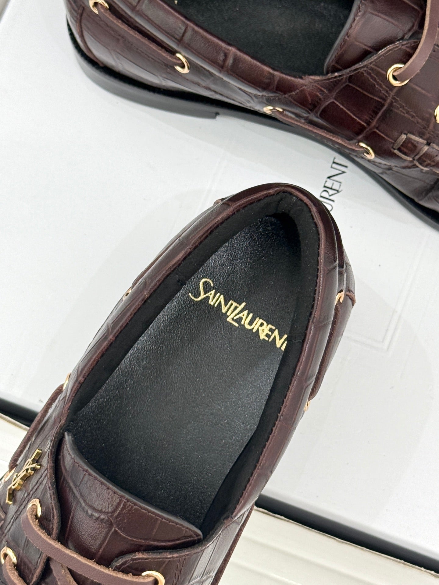 YSL 26s Le Bateau Loafer Coffee Croc-embossed Leather 992298