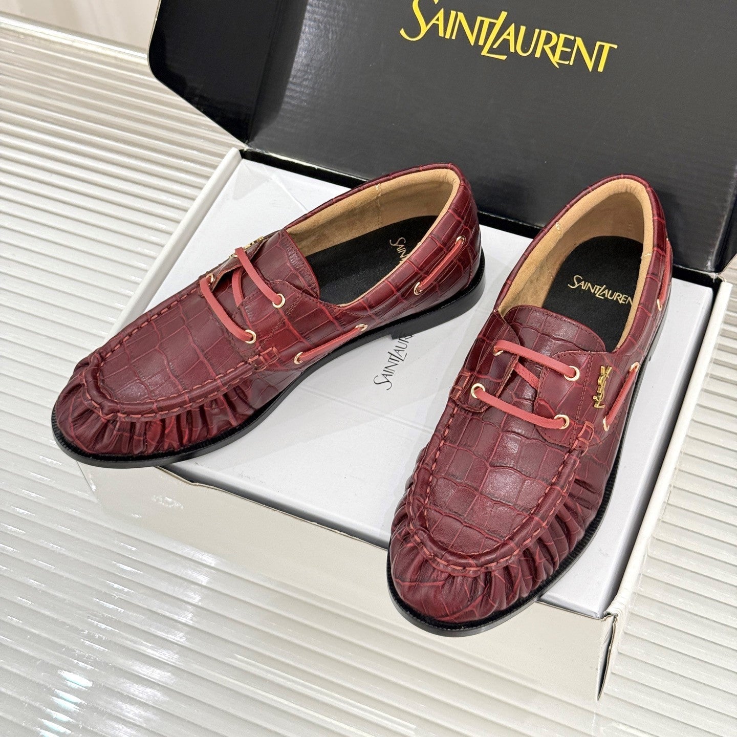 YSL 26s Le Bateau Loafer Burgundy Croc-embossed Leather 992299