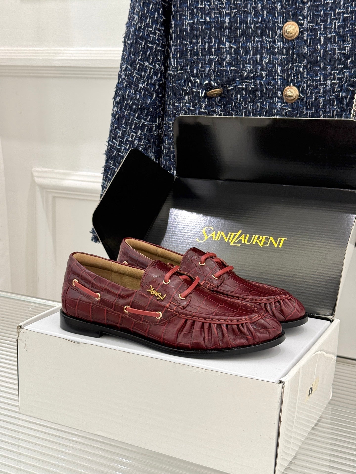 YSL 26s Le Bateau Loafer Burgundy Croc-embossed Leather 992299