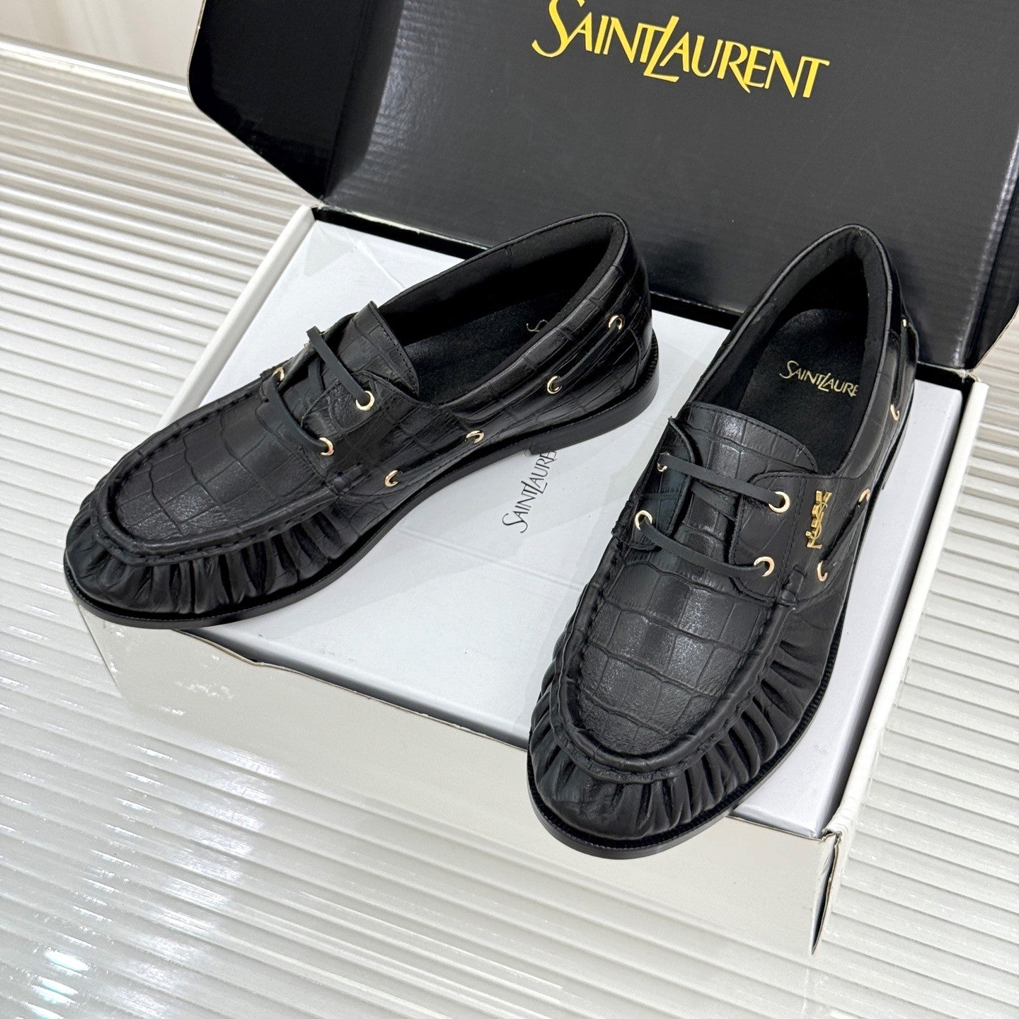 YSL 26s Le Bateau Loafer Black Croc-embossed Leather 992300