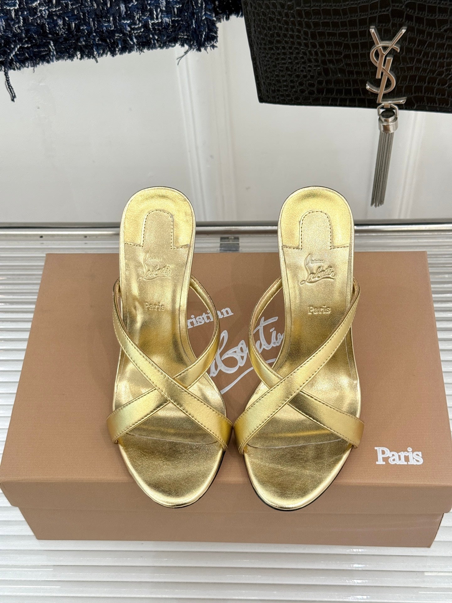 CL 26s Mulazee Cross Mules 8cm Gold Leather 991530