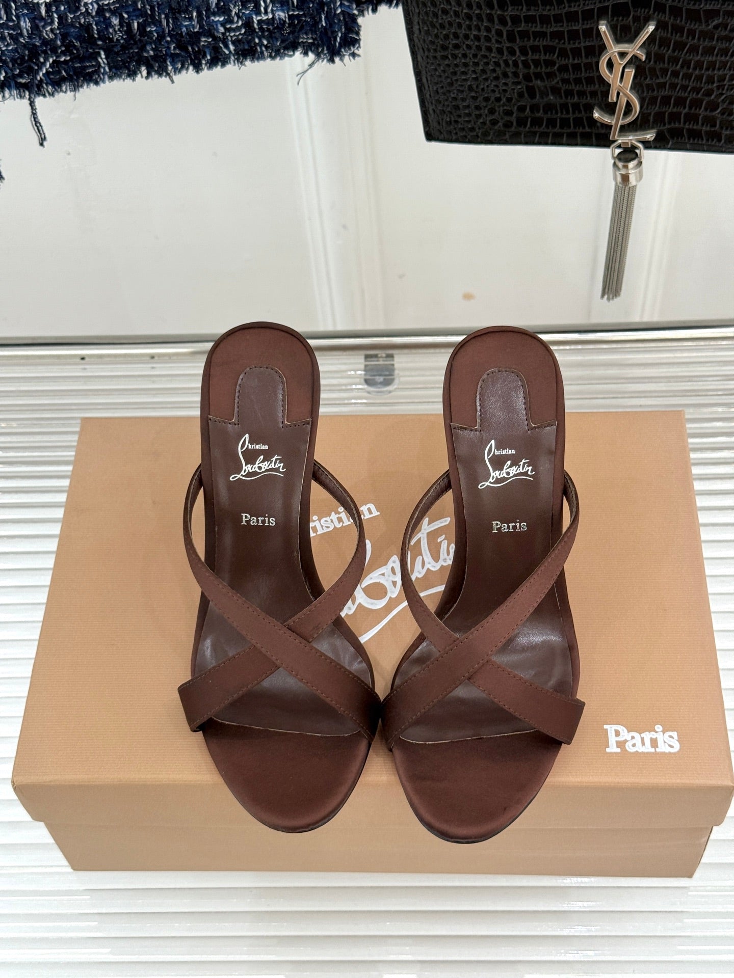 CL 26s Mulazee Cross Mules 8cm Brown Satin Leather 991531