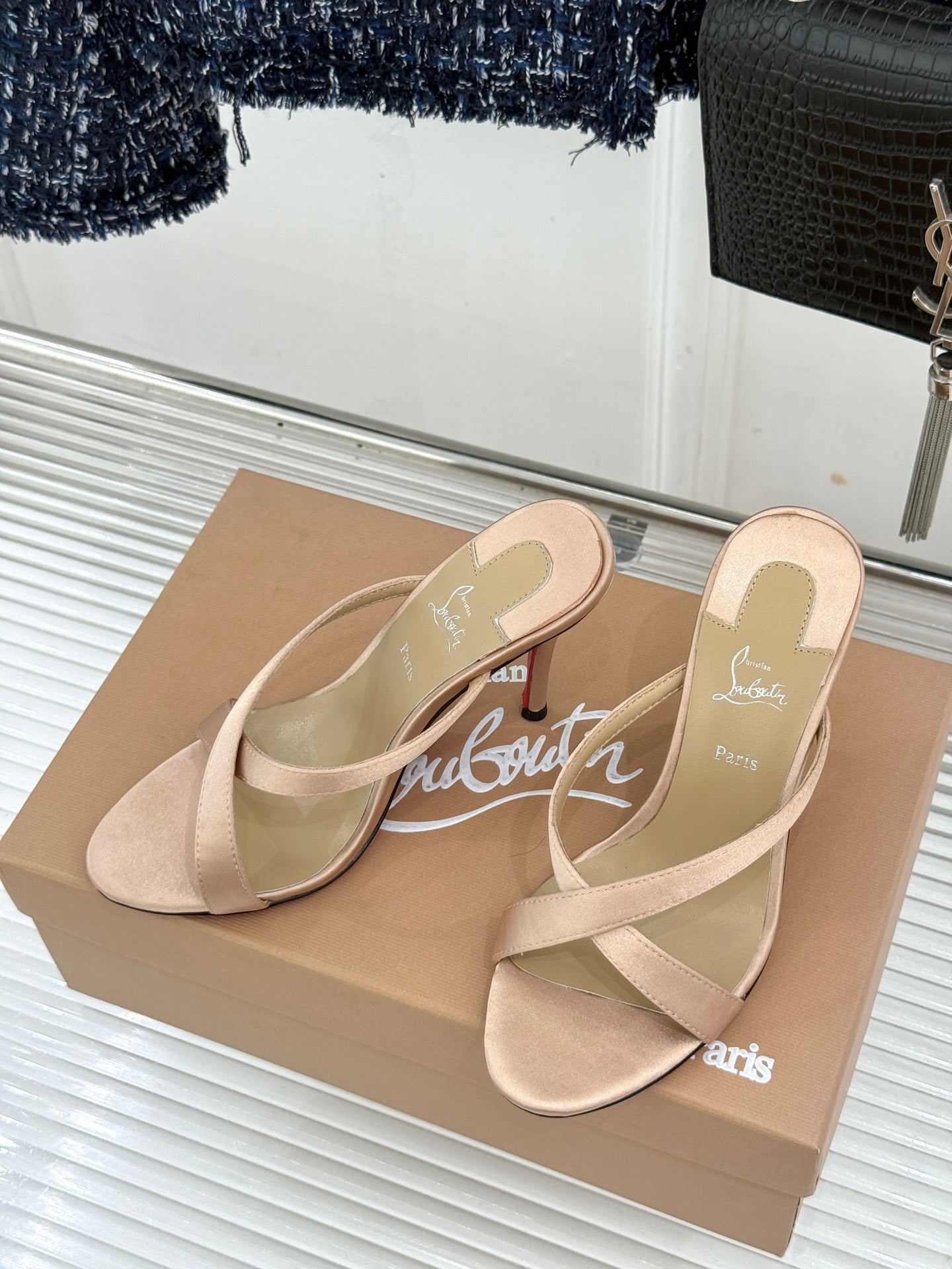 CL 26s Mulazee Cross Mules 8cm Beige Satin Leather 991532