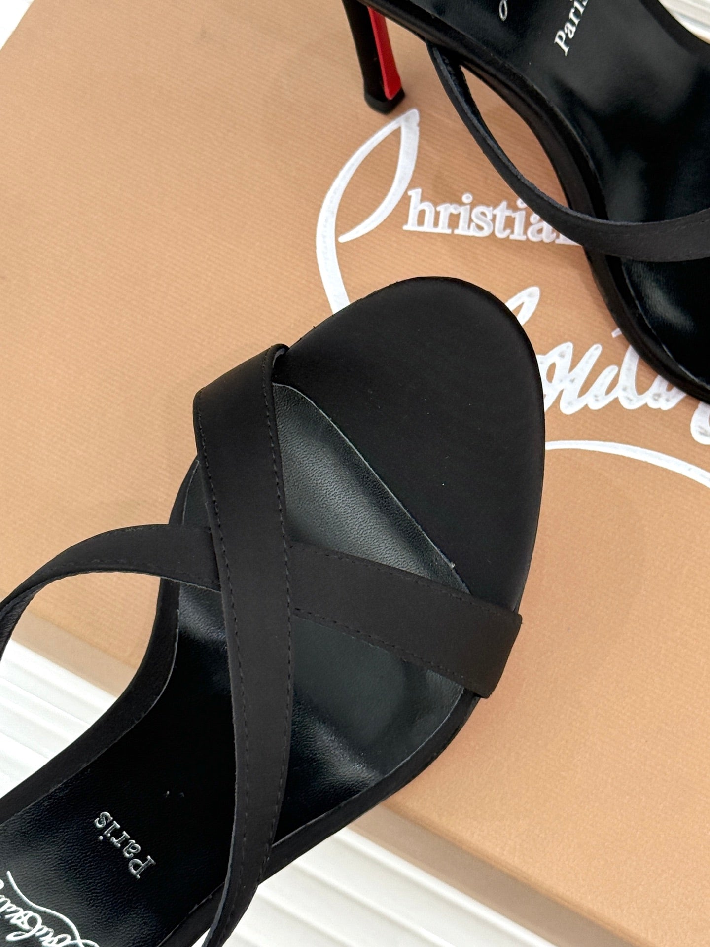 CL 26s Mulazee Cross Mules 8cm Black Satin Leather 991533
