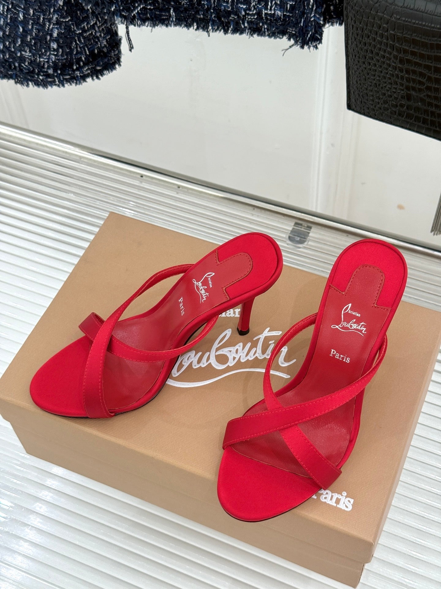 CL 26s Mulazee Cross Mules 8cm Red Satin Leather 991534