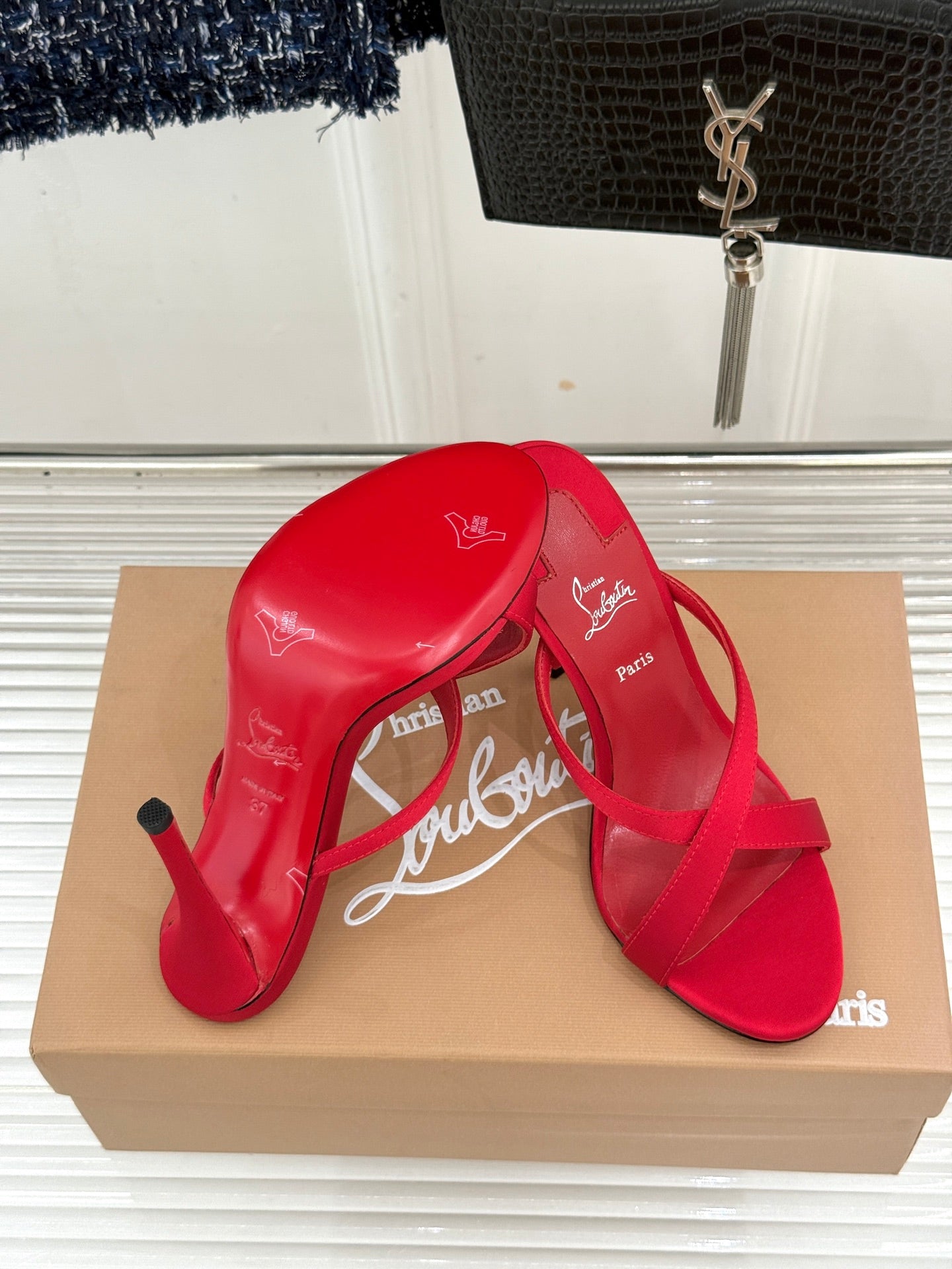 CL 26s Mulazee Cross Mules 8cm Red Satin Leather 991534