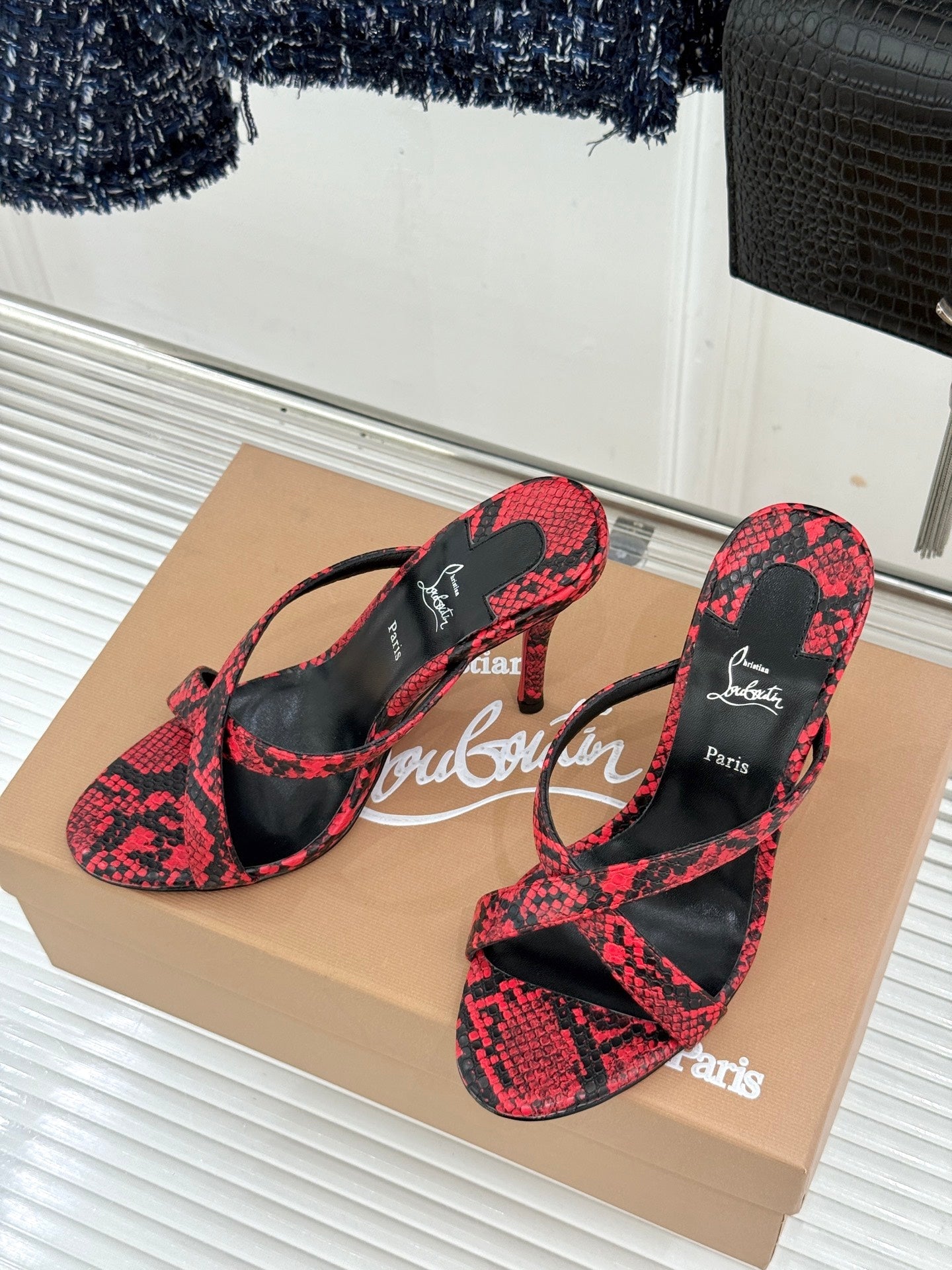 CL 26s Mulazee Cross Mules 8cm Red Black Watersnake Leather 991535