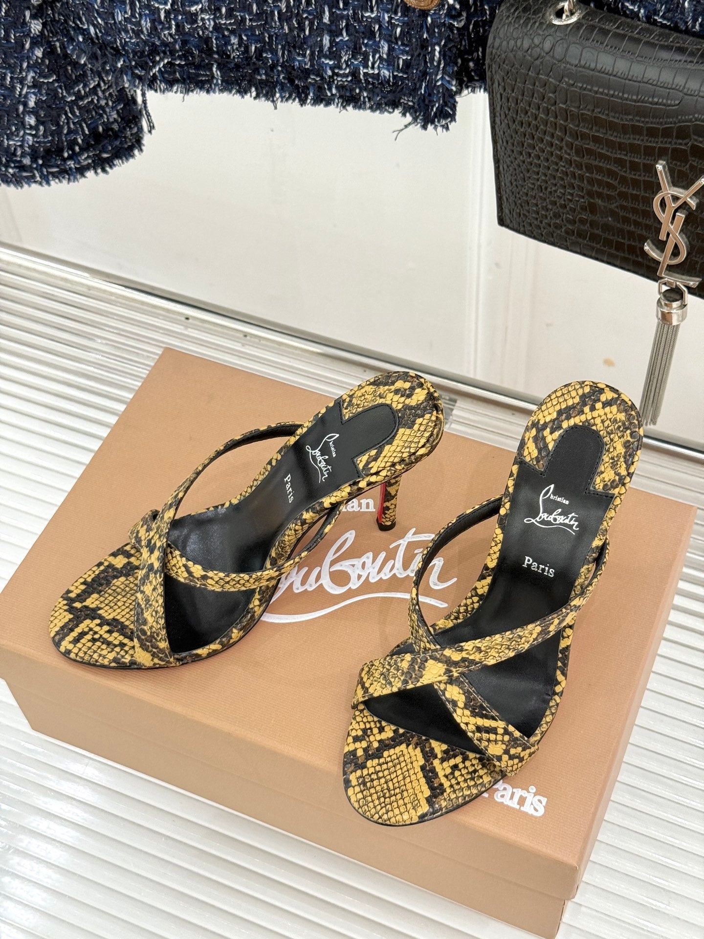 CL 26s Mulazee Cross Mules 8cm Yellow Black Watersnake Leather 991538