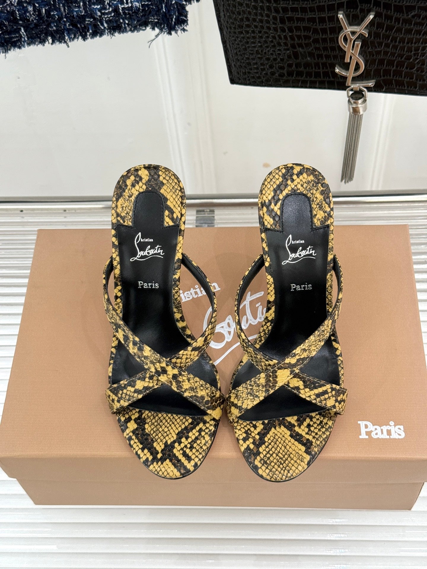 CL 26s Mulazee Cross Mules 8cm Yellow Black Watersnake Leather 991538