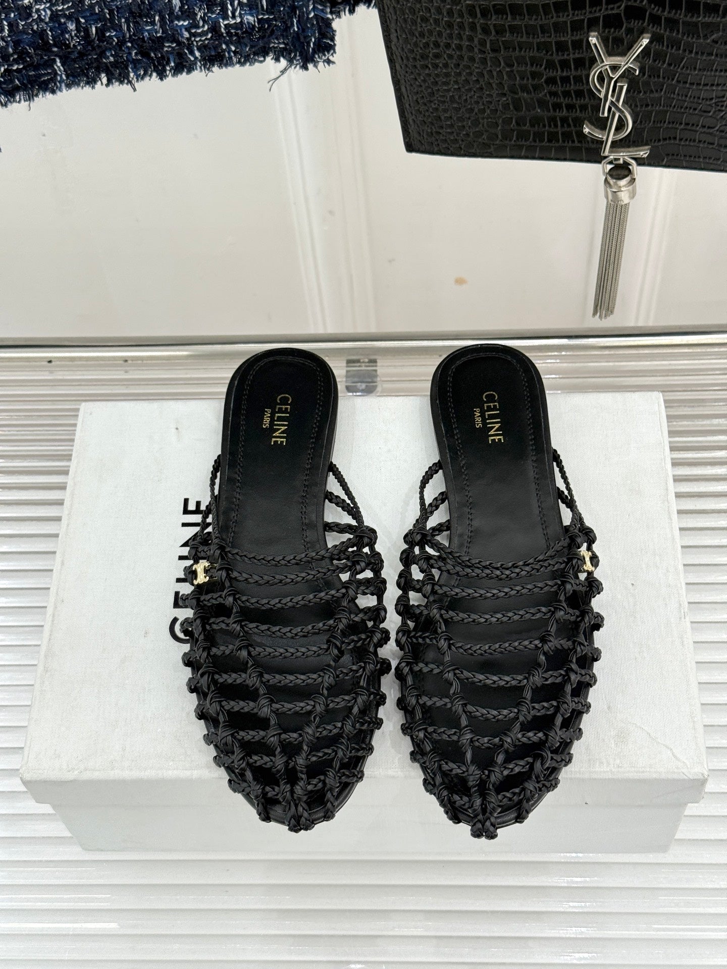 Celine 26s Scoobie Braided Mules Black Lambskin 991451