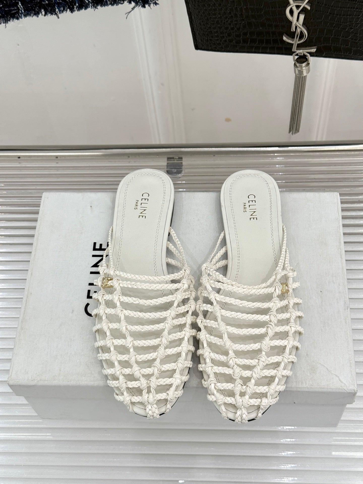 Celine 26s Scoobie Braided Mules White Lambskin 991452