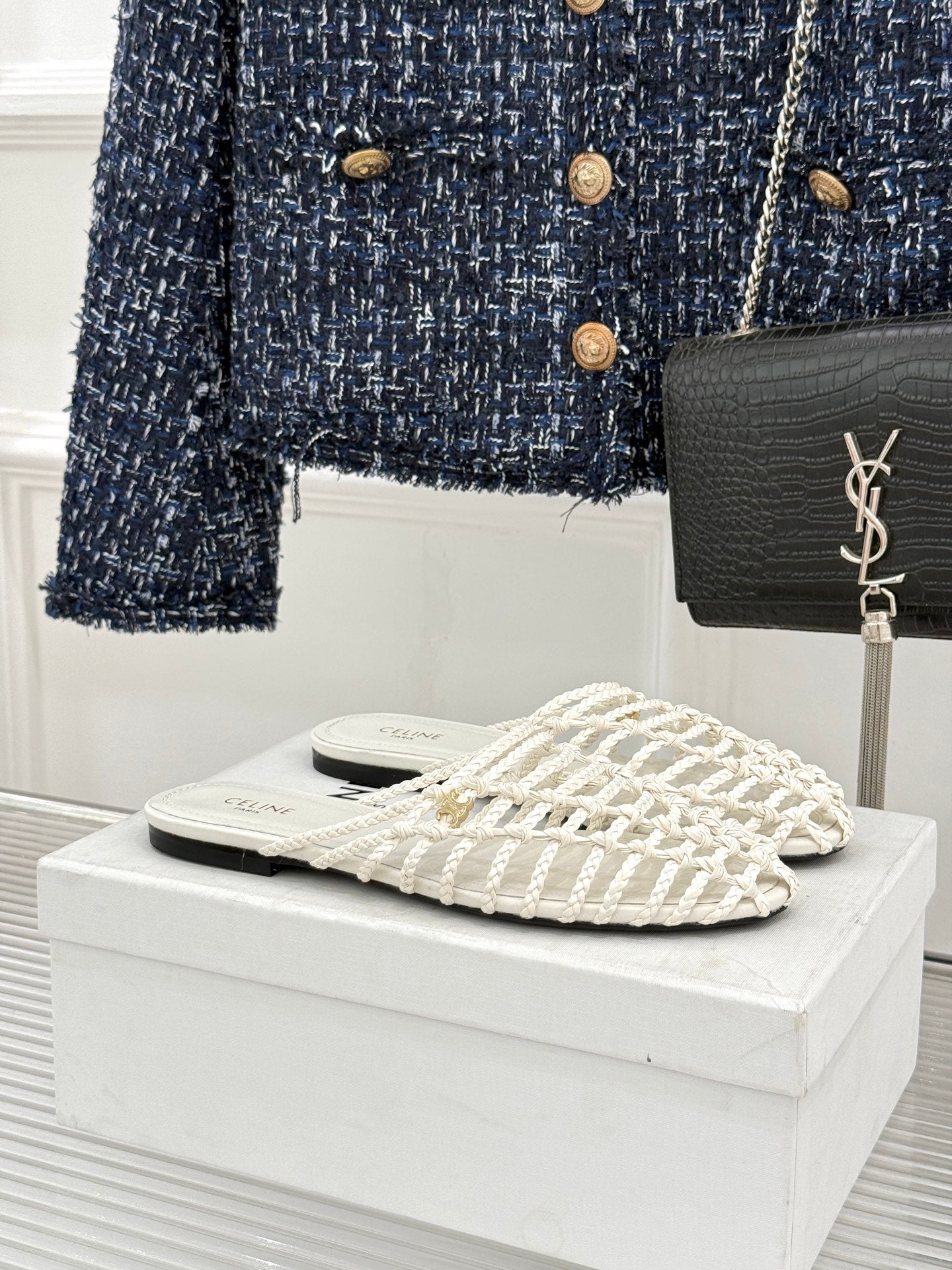 Celine 26s Scoobie Braided Mules White Lambskin 991452