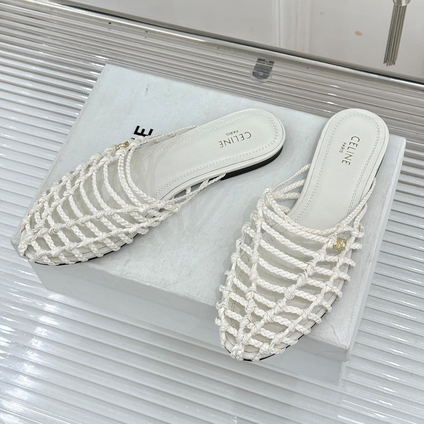 Celine 26s Scoobie Braided Mules White Lambskin 991452