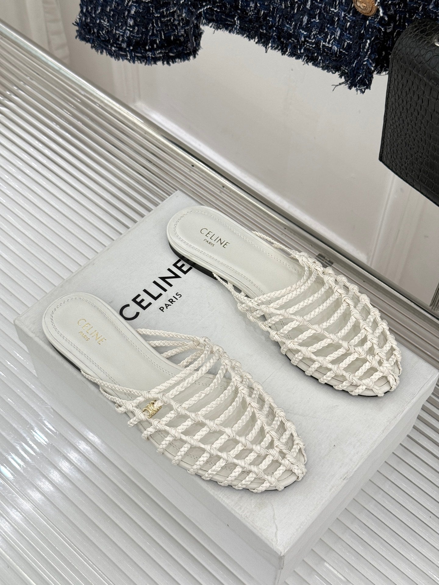 Celine 26s Scoobie Braided Mules White Lambskin 991452
