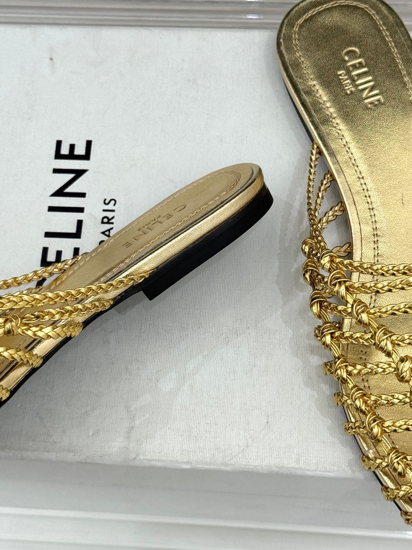 Celine 26s Scoobie Braided Mules Gold Lambskin 991454