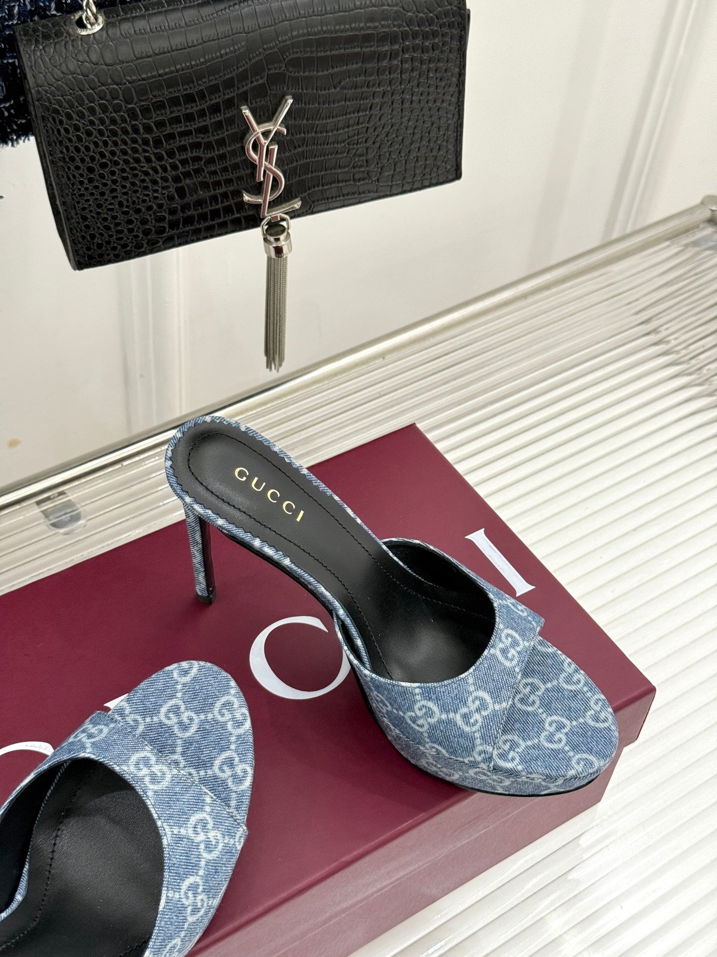 GG 26s Sorbetto Slide Sandal 12cm Blue Canvas 991739