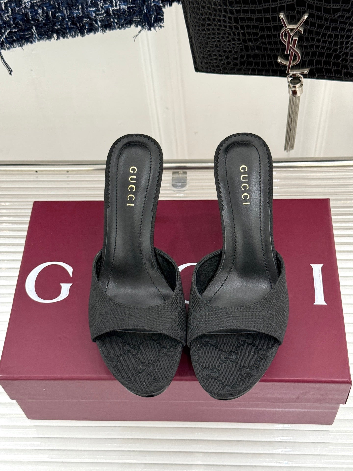 GG 26s Sorbetto Slide Sandal 12cm Black Canvas 991742