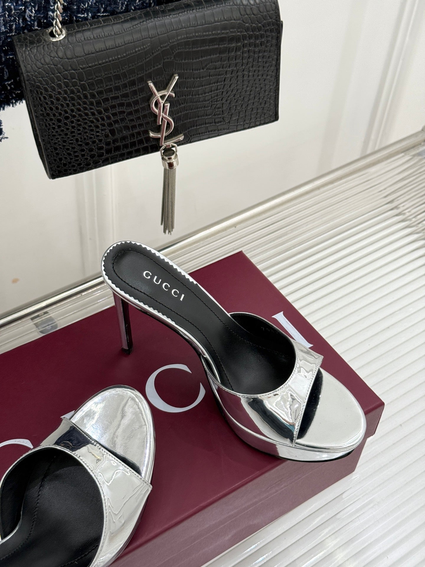 GG 26s Sorbetto Slide Sandal 12cm Sliver Sheepskin 991746