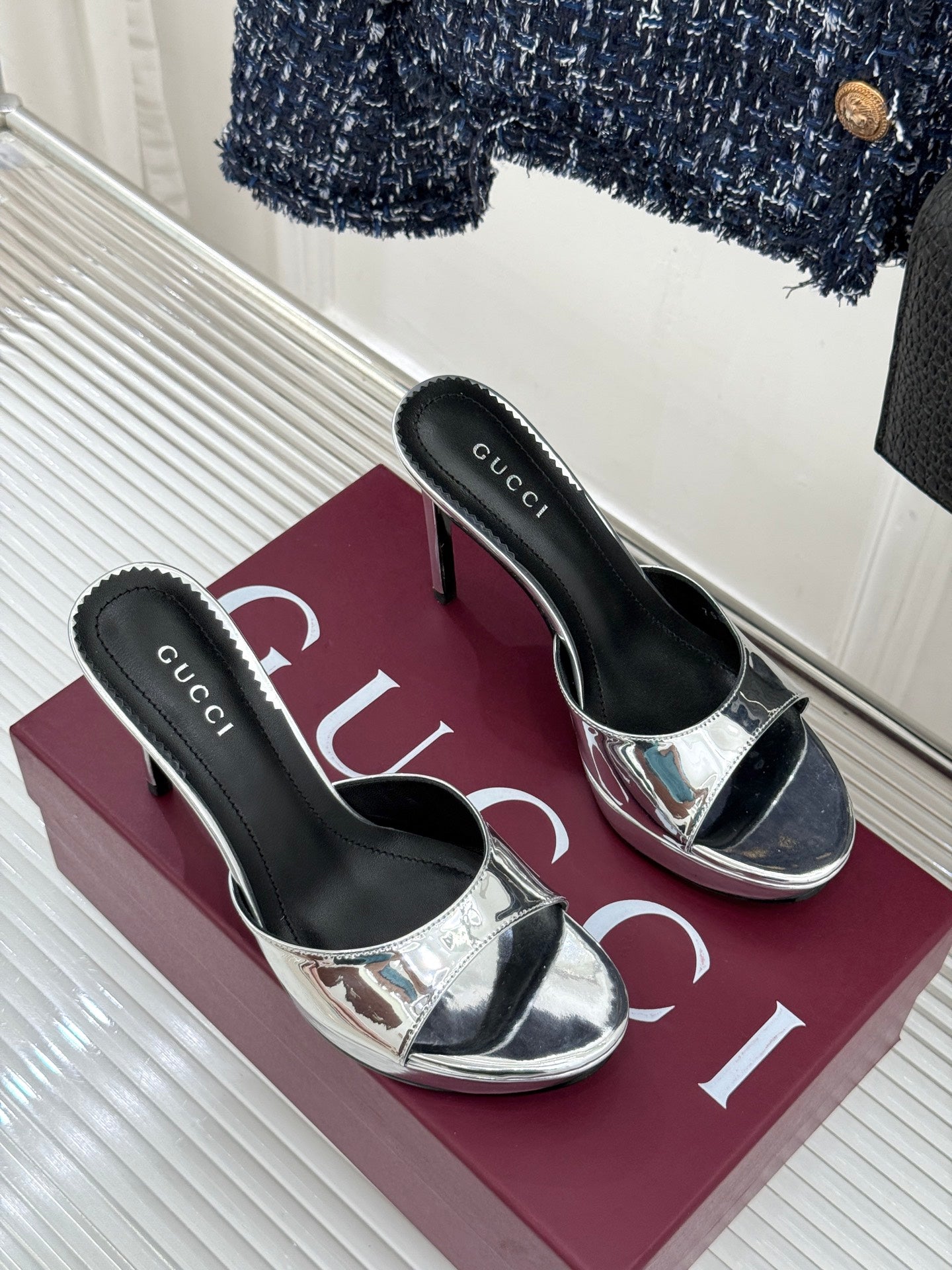 GG 26s Sorbetto Slide Sandal 12cm Sliver Sheepskin 991746