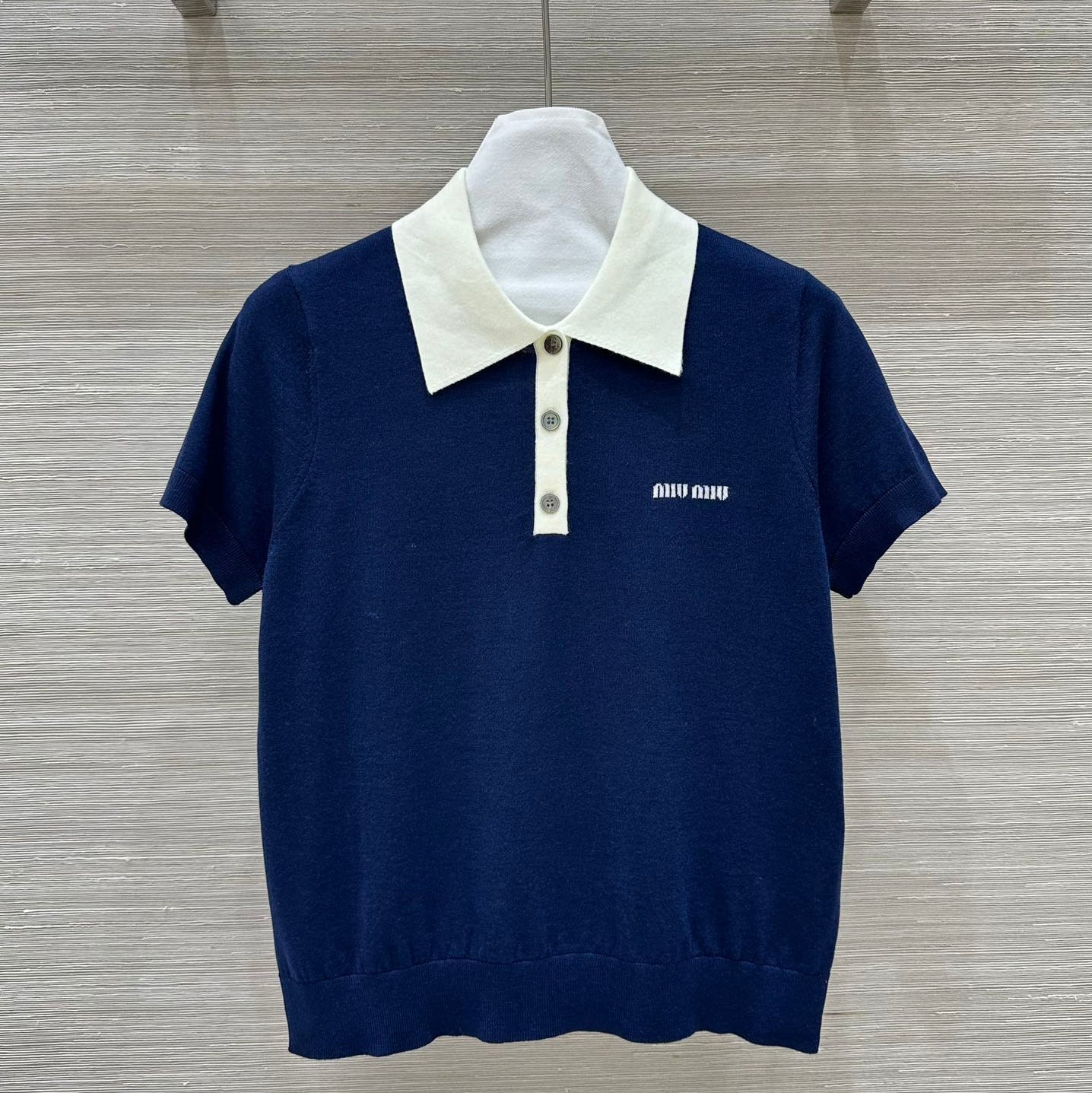 Miu Miu 25 Polo Collar Short-sleeve Knitted Top Blue Wool