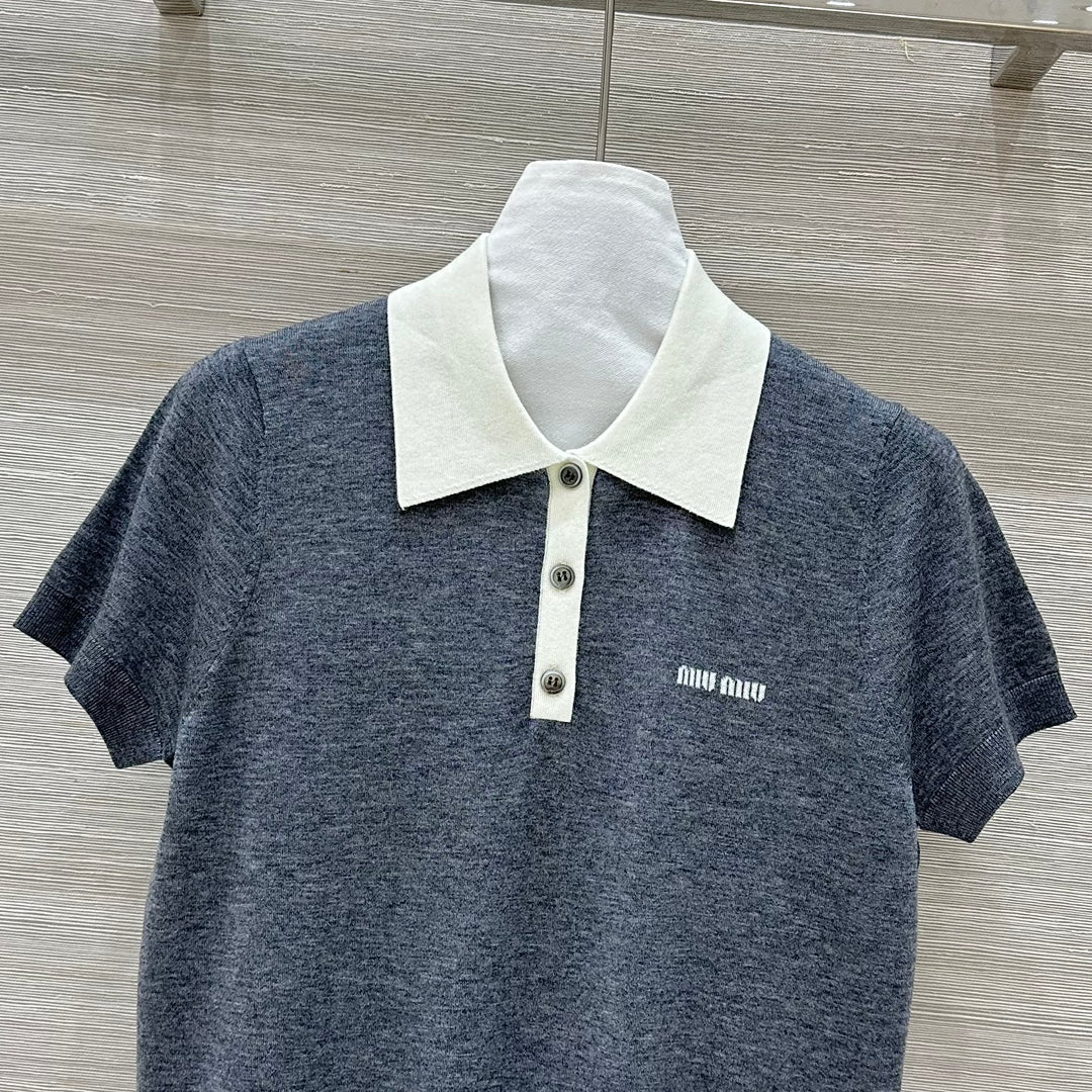 Miu Miu 25 Polo Collar Short-sleeve Knitted Top Gray Wool