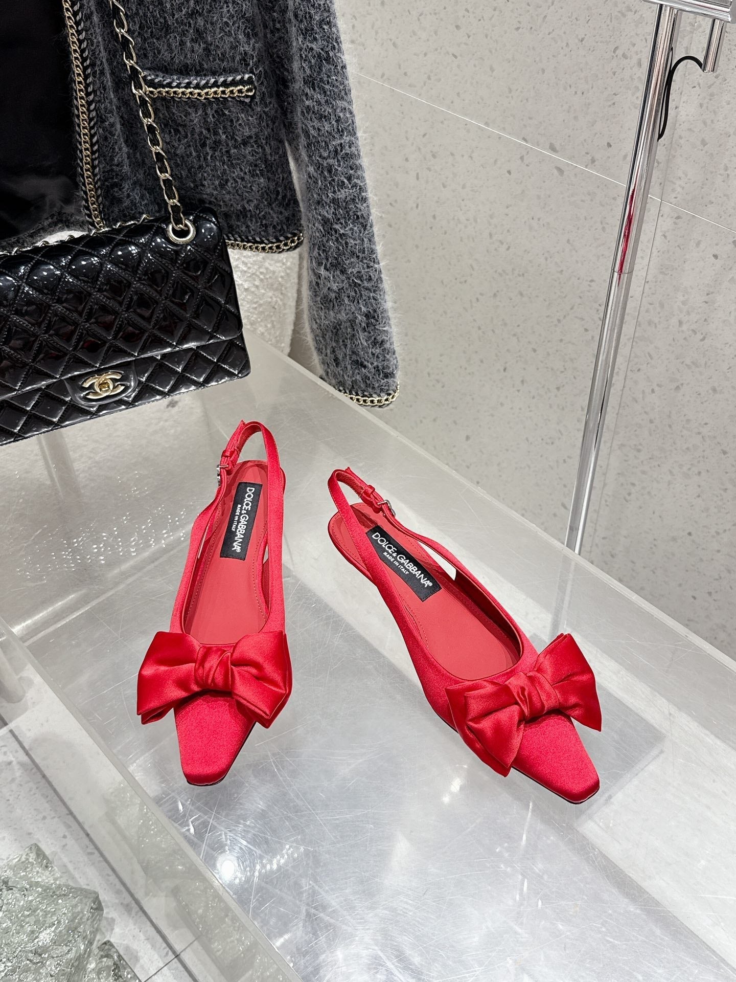 DC 25 Bow Slingback Pumps 30mm Red Satin & Sheepskin 359510