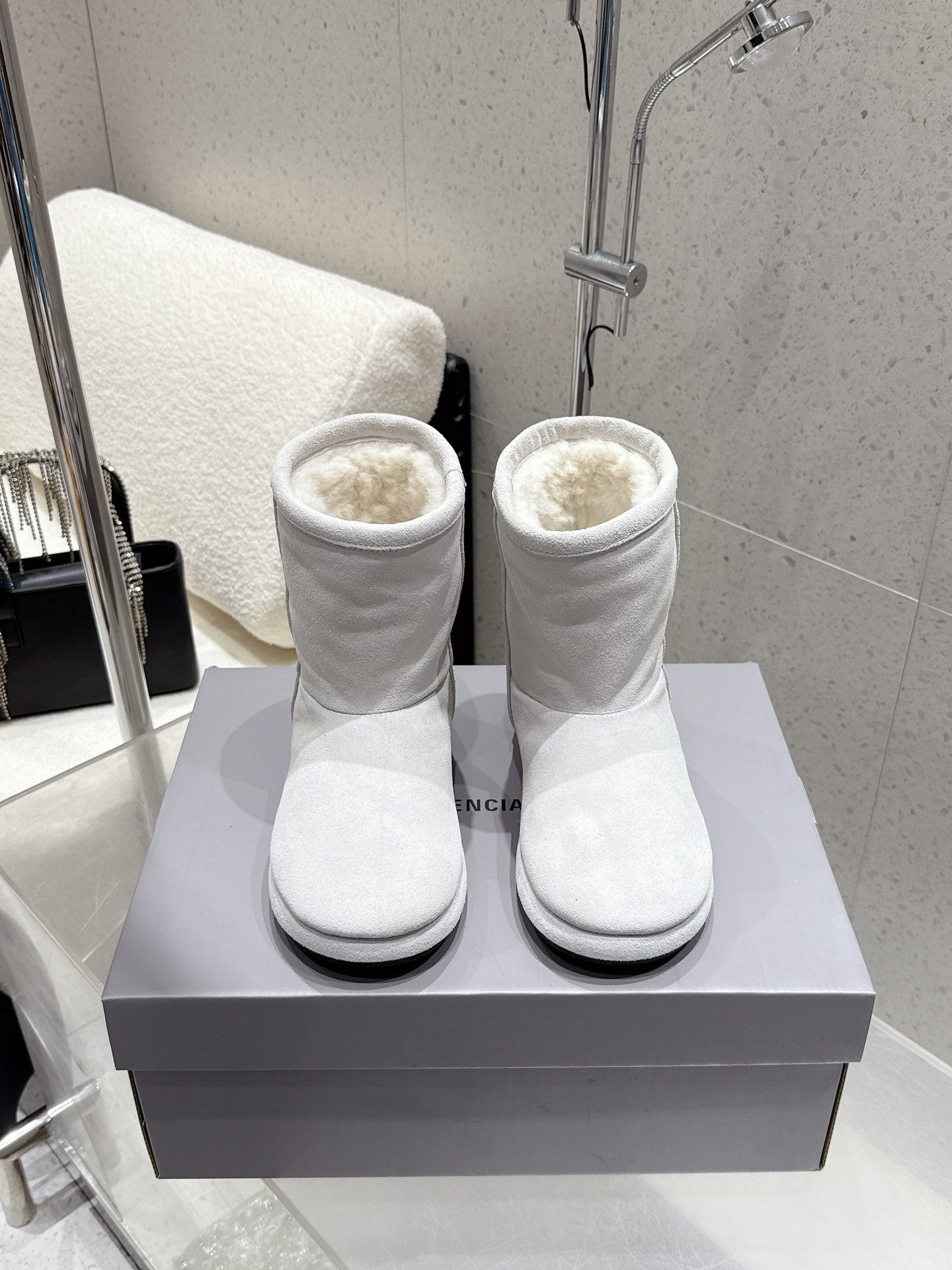 Balenciaga Alaska Soft Booties Pale Gray Suede Shearing 554396