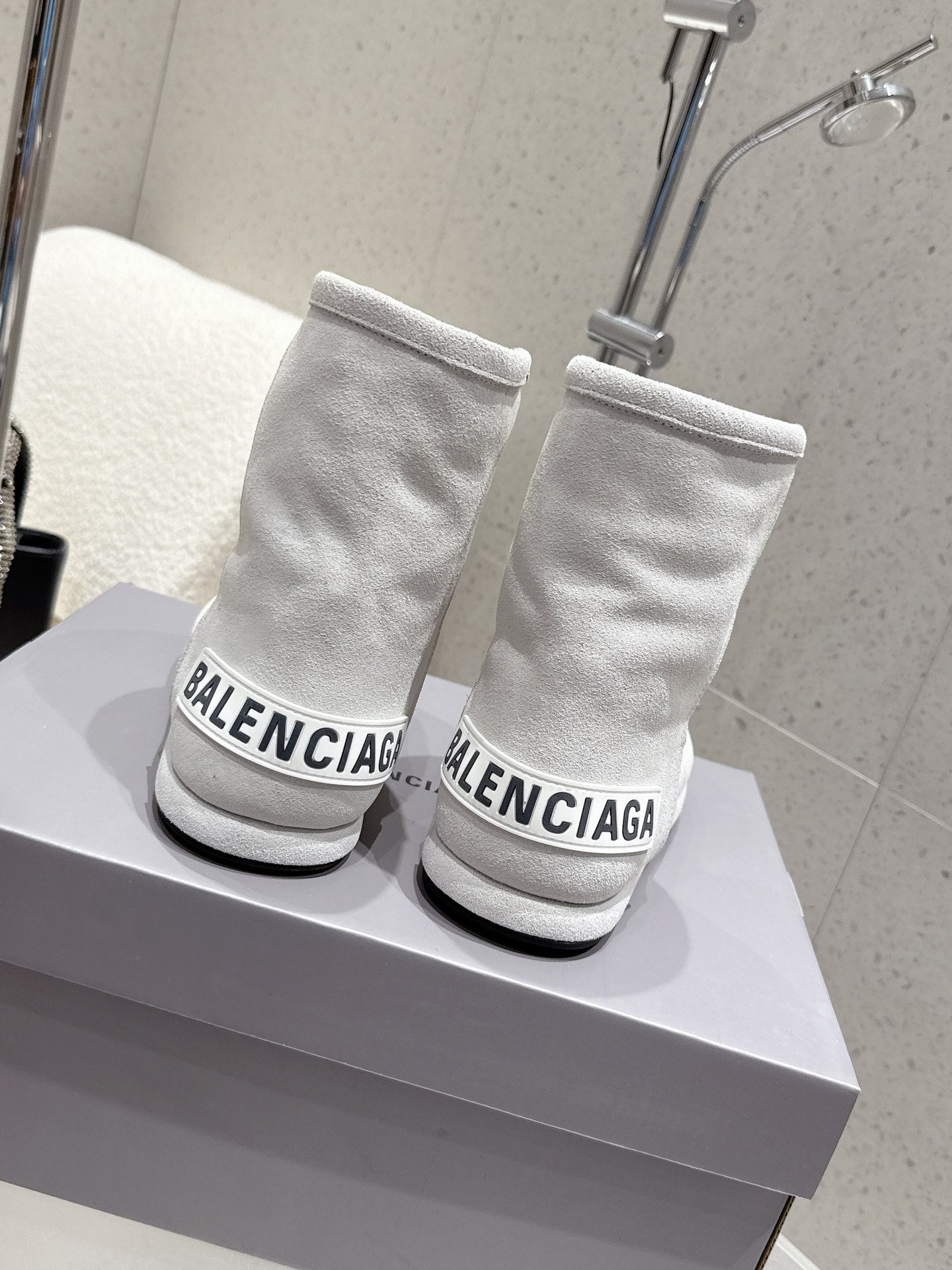 Balenciaga Alaska Soft Booties Pale Gray Suede Shearing 554396