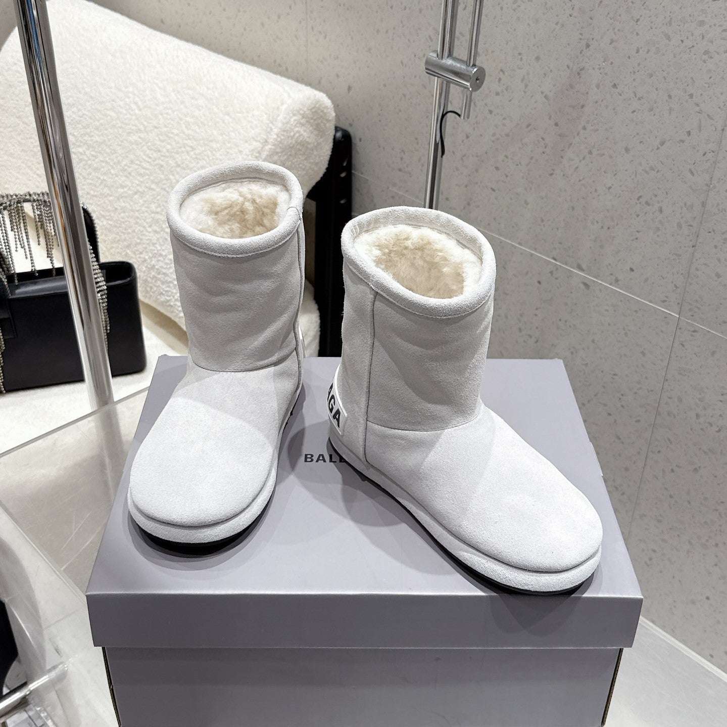 Balenciaga Alaska Soft Booties Pale Gray Suede Shearing 554396