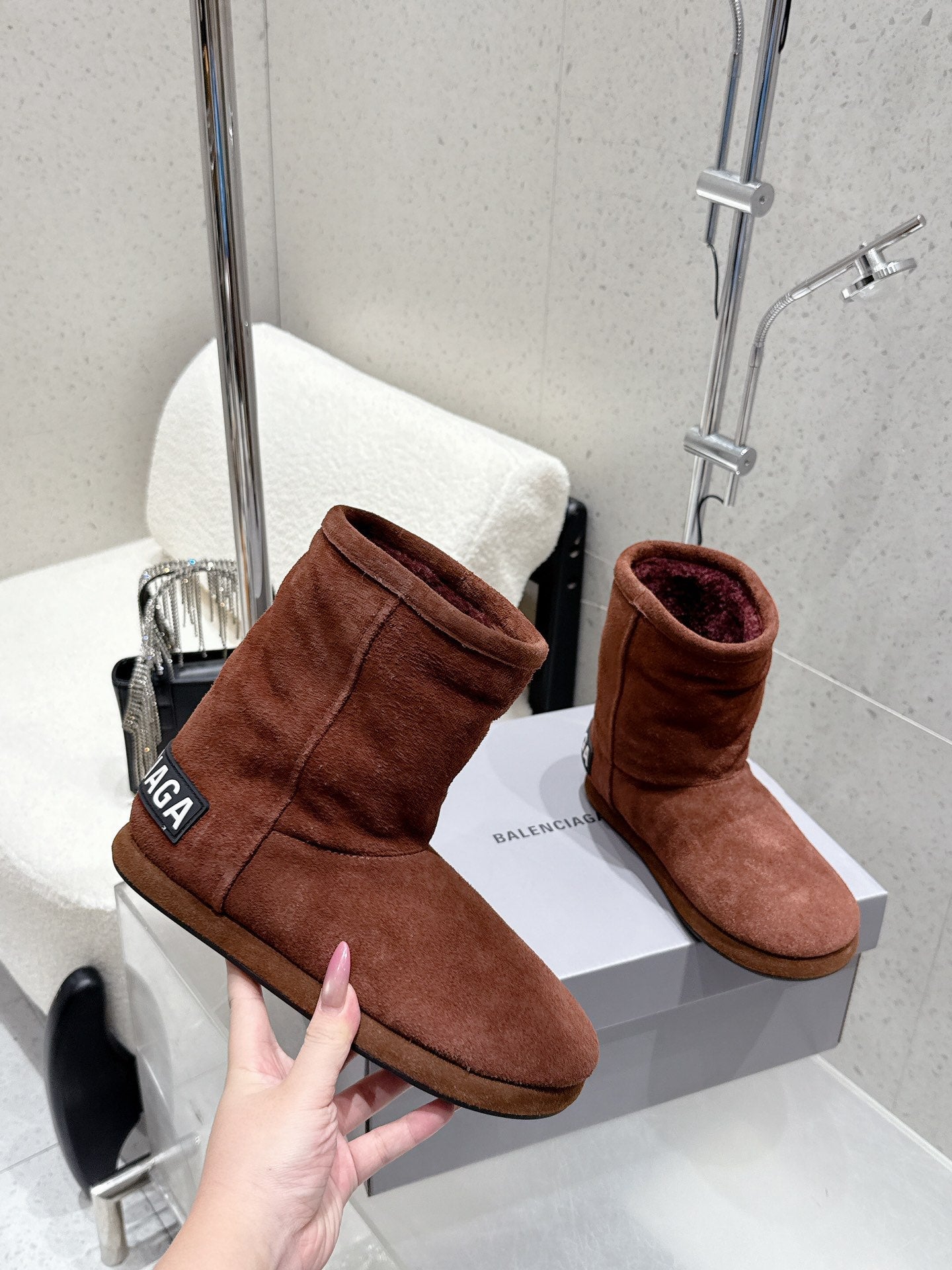 Balenciaga Alaska Soft Booties Red Brown Suede Shearing 554397