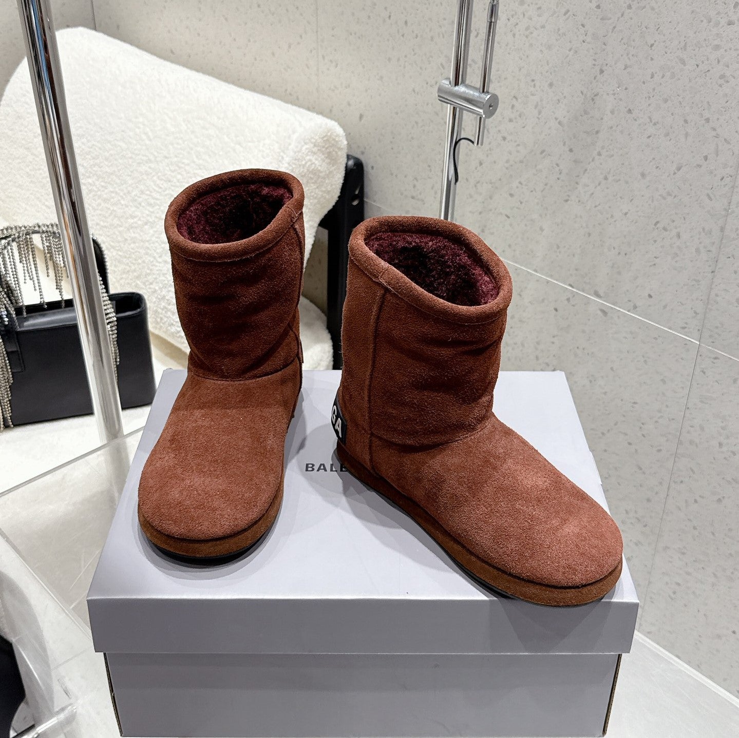 Balenciaga Alaska Soft Booties Red Brown Suede Shearing 554397