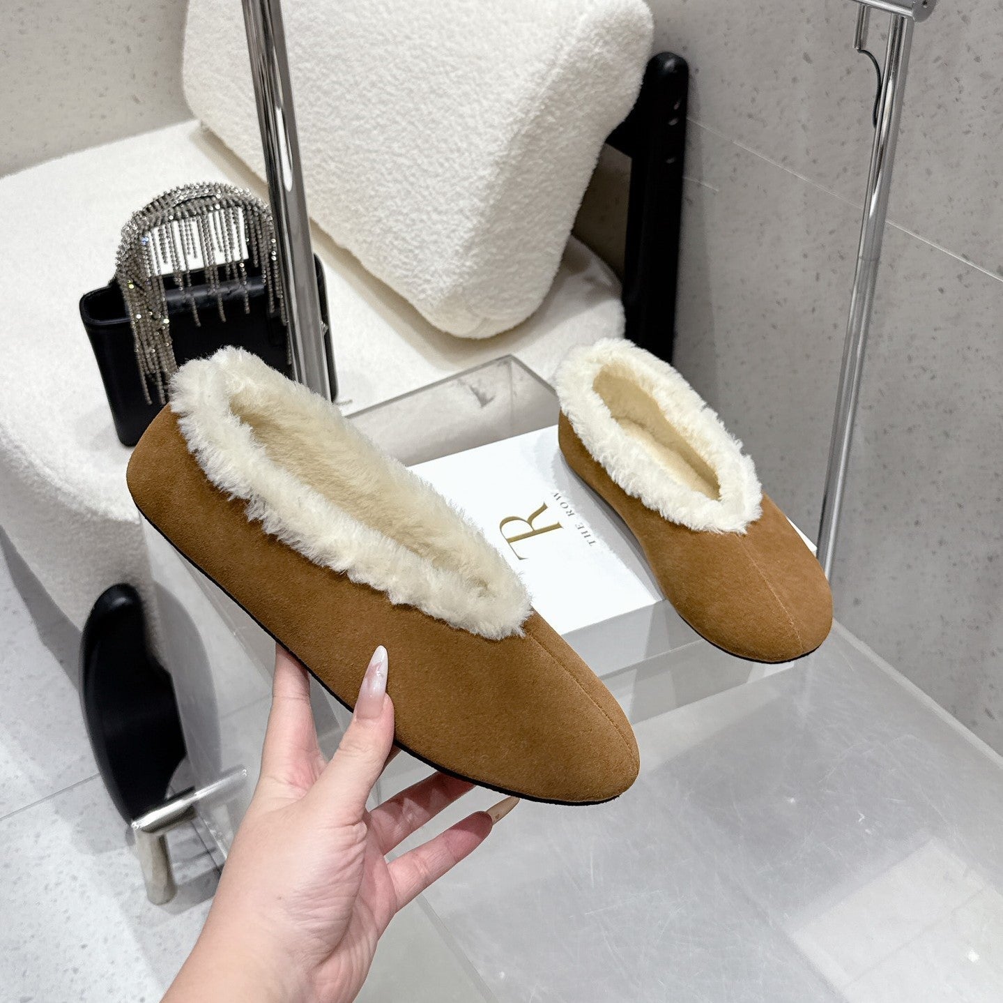 The Row 25ss Ballet Flat Brown Nubuck Leather Fur 554387