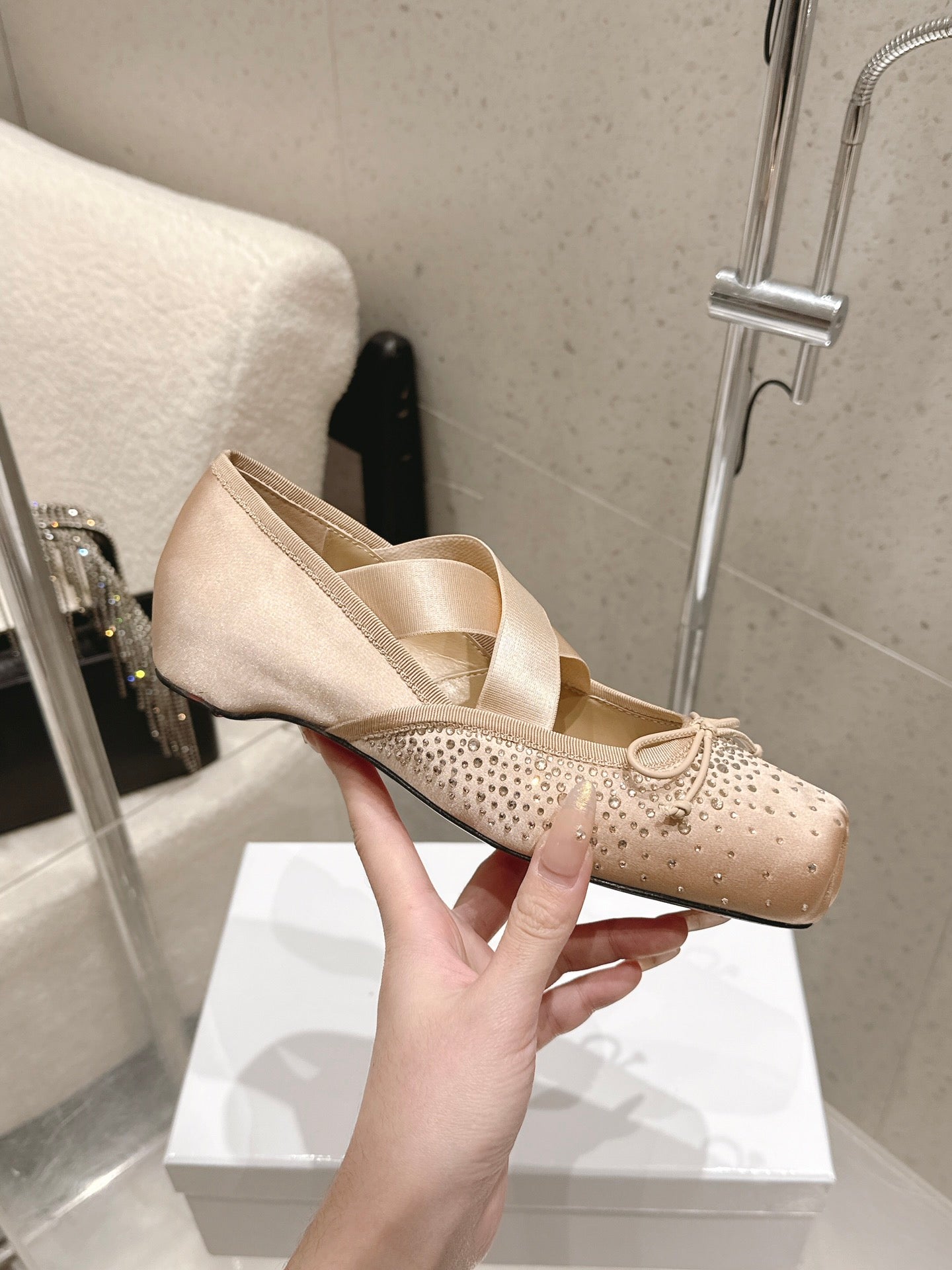 CL Ballet Butterfly Ballet Flats Diamond-Embellished Beige Satin 610813