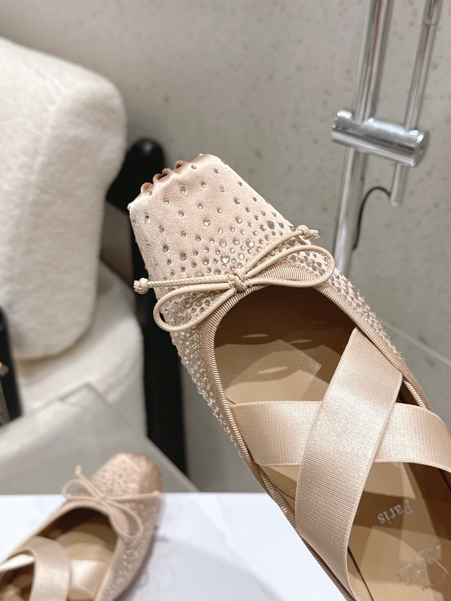 CL Ballet Butterfly Ballet Flats Diamond-Embellished Beige Satin 610813