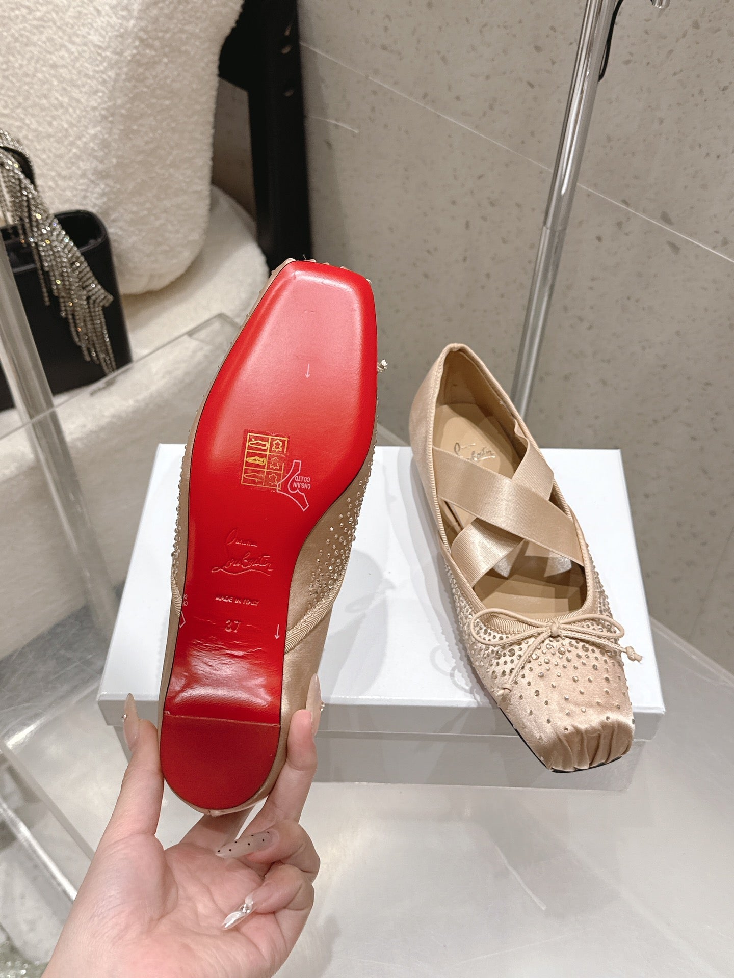 CL Ballet Butterfly Ballet Flats Diamond-Embellished Beige Satin 610813