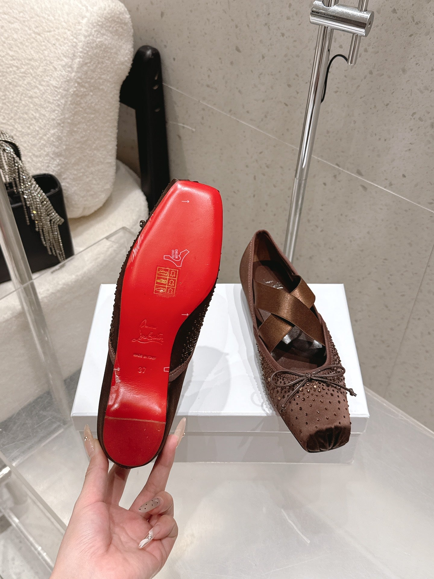 CL Ballet Butterfly Ballet Flats Diamond-Embellished Brown Satin 610814