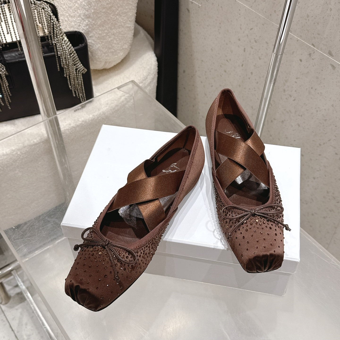 CL Ballet Butterfly Ballet Flats Diamond-Embellished Brown Satin 610814