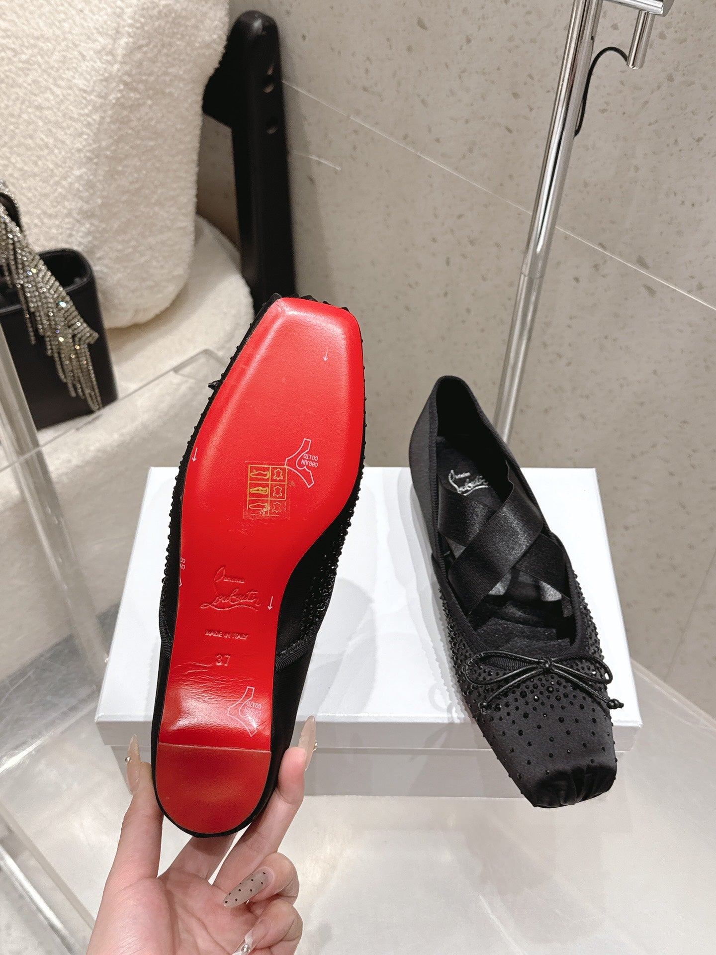 CL Ballet Butterfly Ballet Flats Diamond-Embellished Black Satin 610815